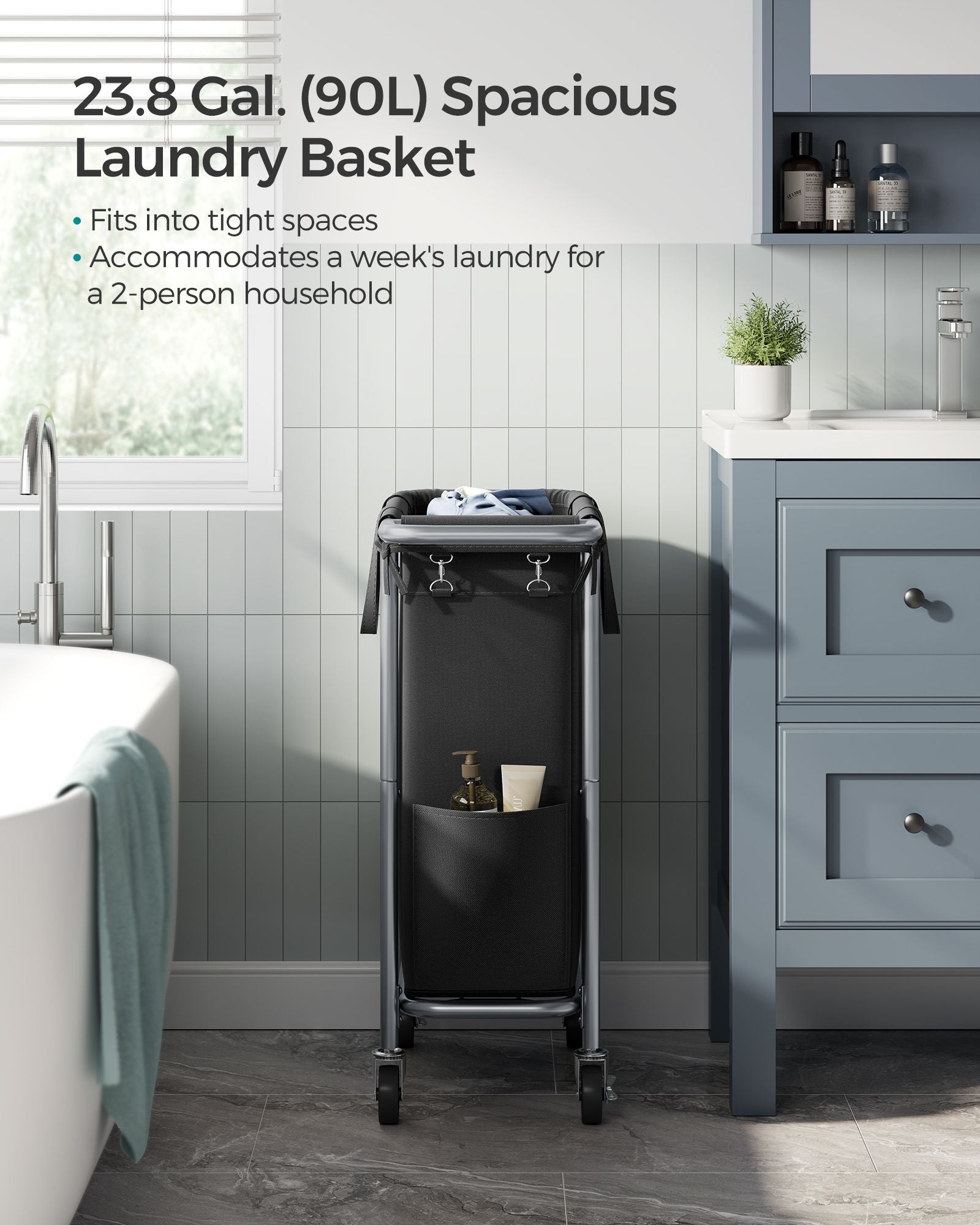 Laundry Basket - Steel - Ink Black - 90L with Removable Liner and Wheels