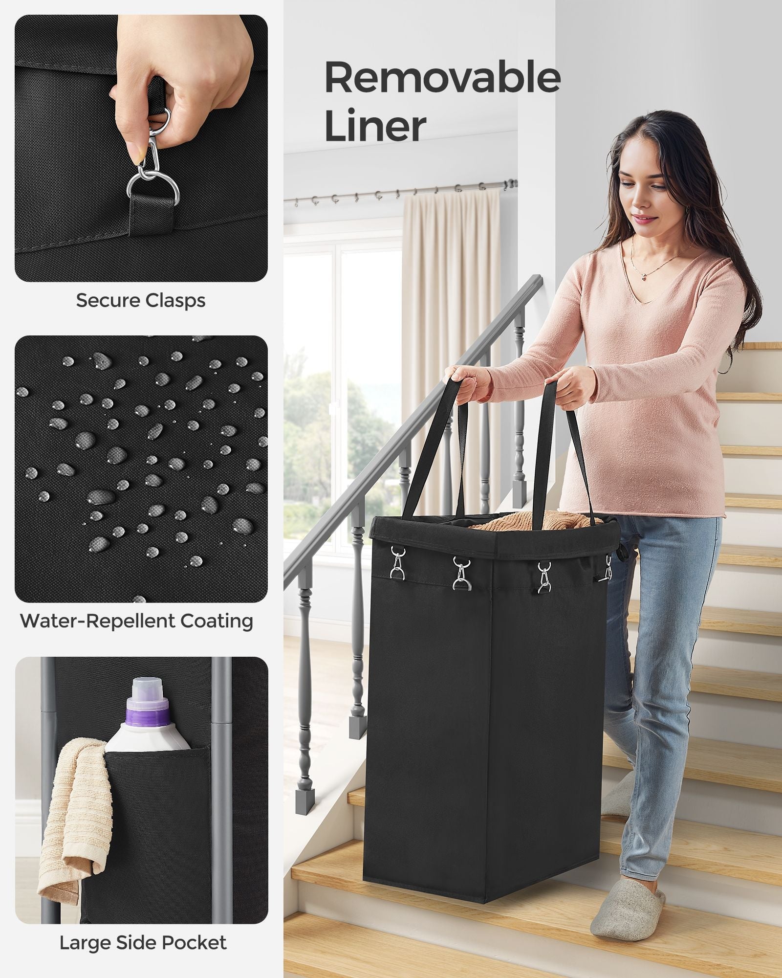 Laundry Basket - Steel - Ink Black - 90L with Removable Liner and Wheels