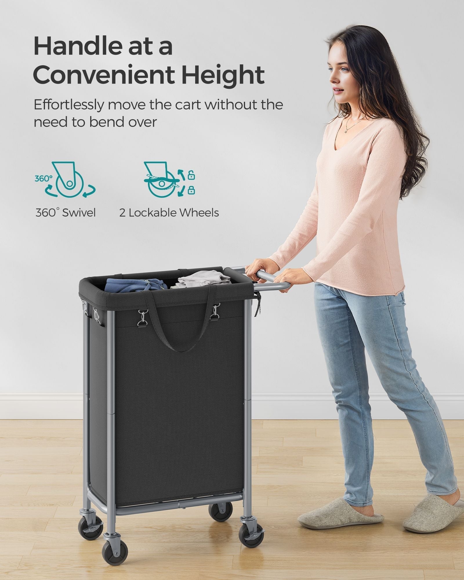Laundry Basket - Steel - Ink Black - 90L with Removable Liner and Wheels
