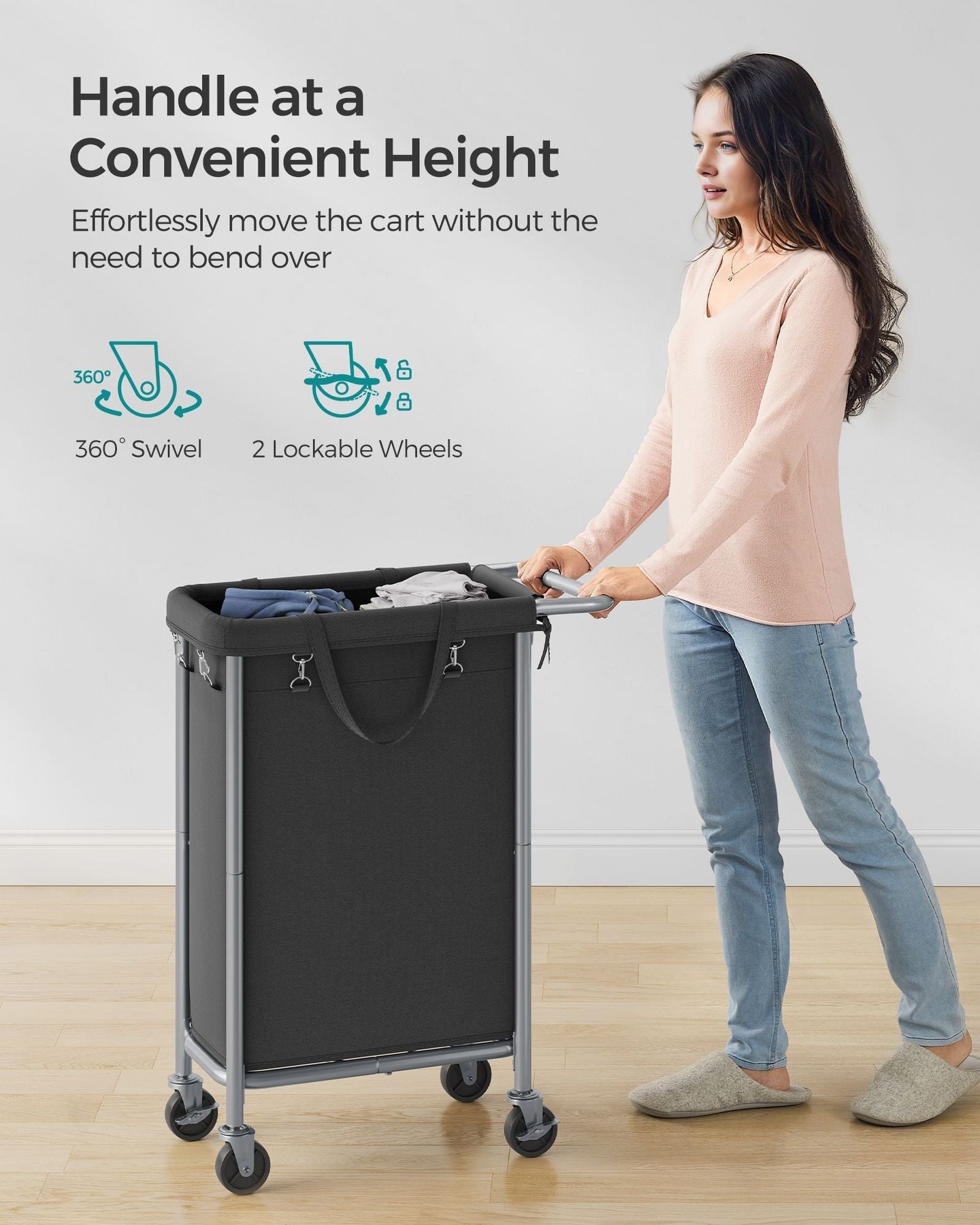 Laundry Basket - Steel - Ink Black - 90L with Removable Liner and Wheels