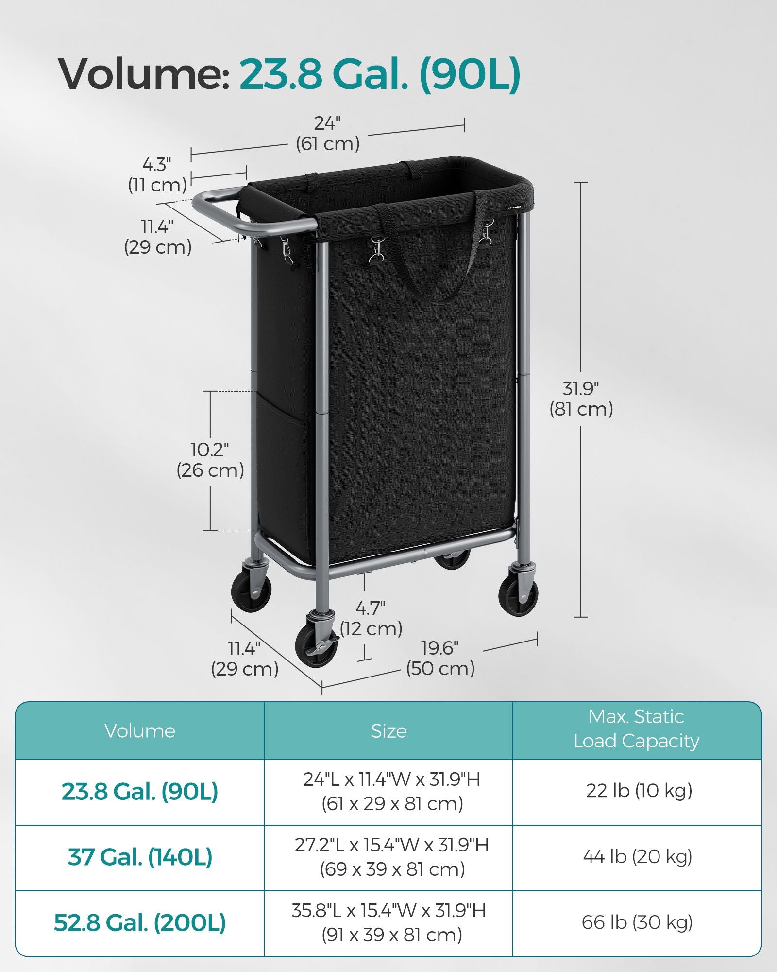 Laundry Basket - Steel - Ink Black - 90L with Removable Liner and Wheels