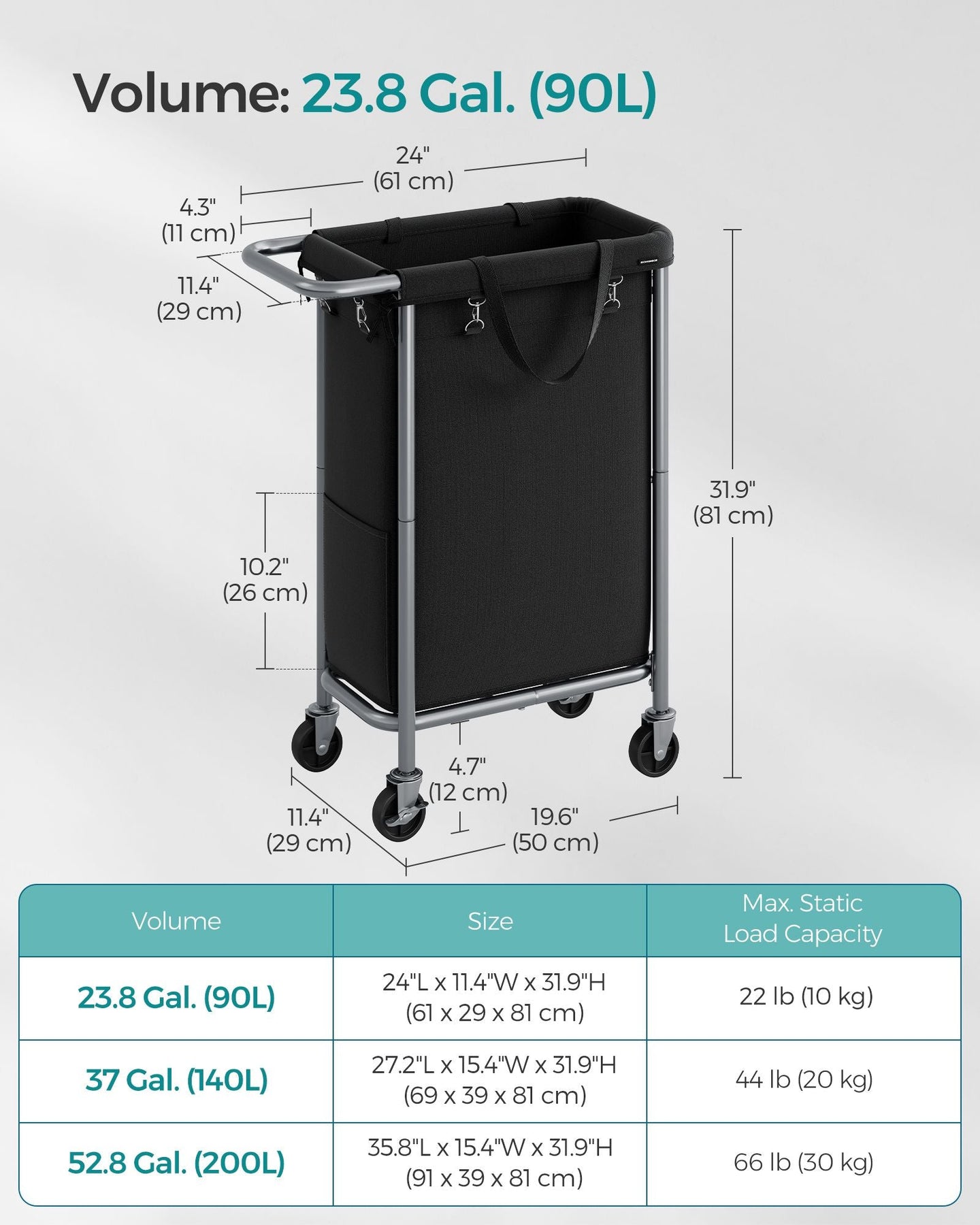 Laundry Basket - Steel - Ink Black - 90L with Removable Liner and Wheels