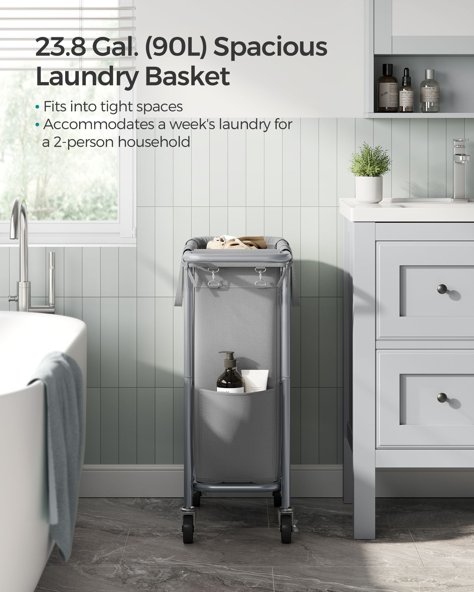 Laundry Basket - Steel Frame - Dove Grey - 90L Capacity with Removable Liner and Wheels