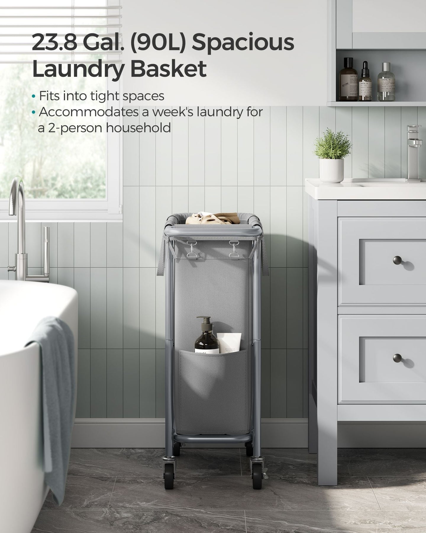 Laundry Basket - Steel Frame - Dove Grey - 90L Capacity with Removable Liner and Wheels