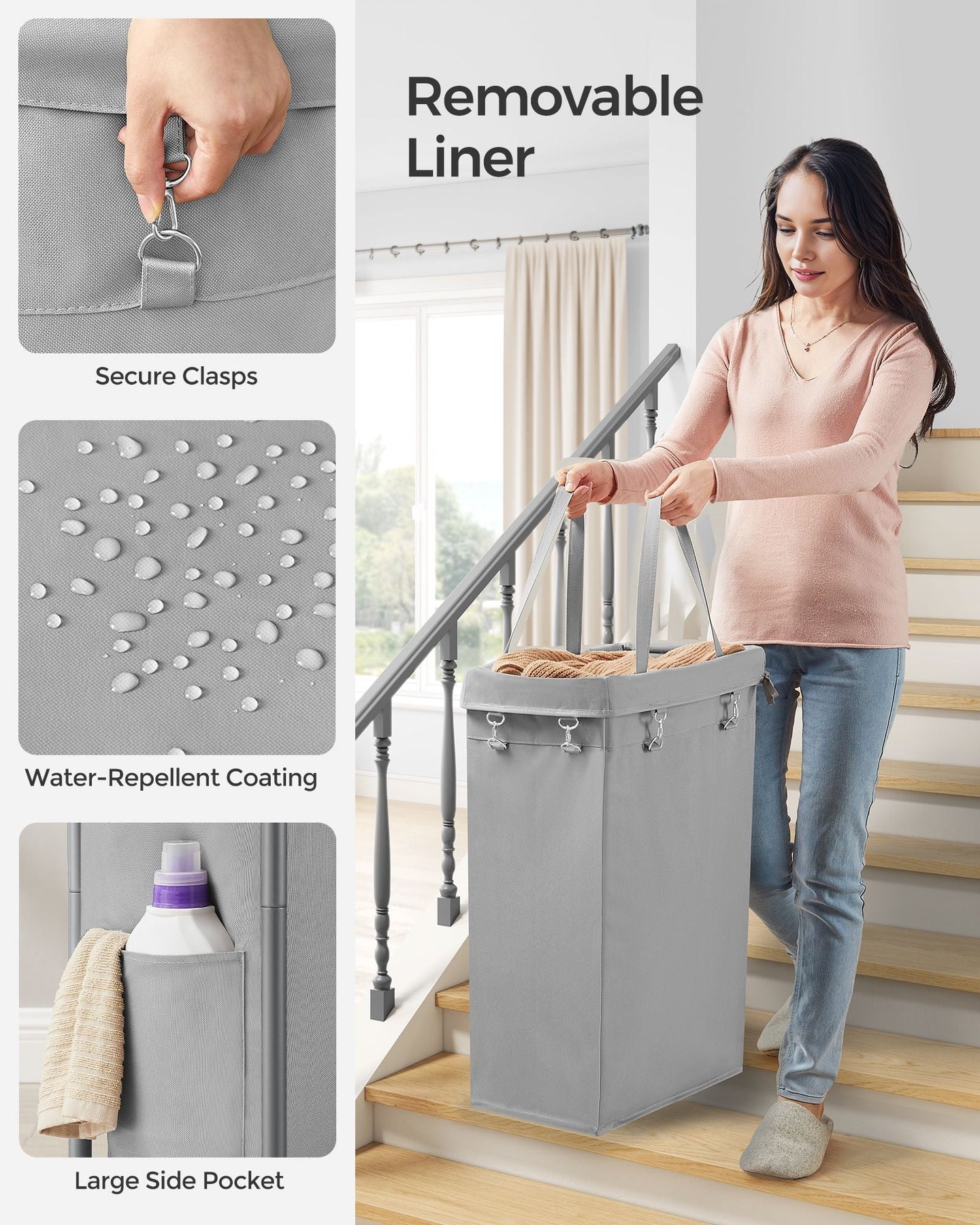 Laundry Basket - Steel Frame - Dove Grey - 90L Capacity with Removable Liner and Wheels