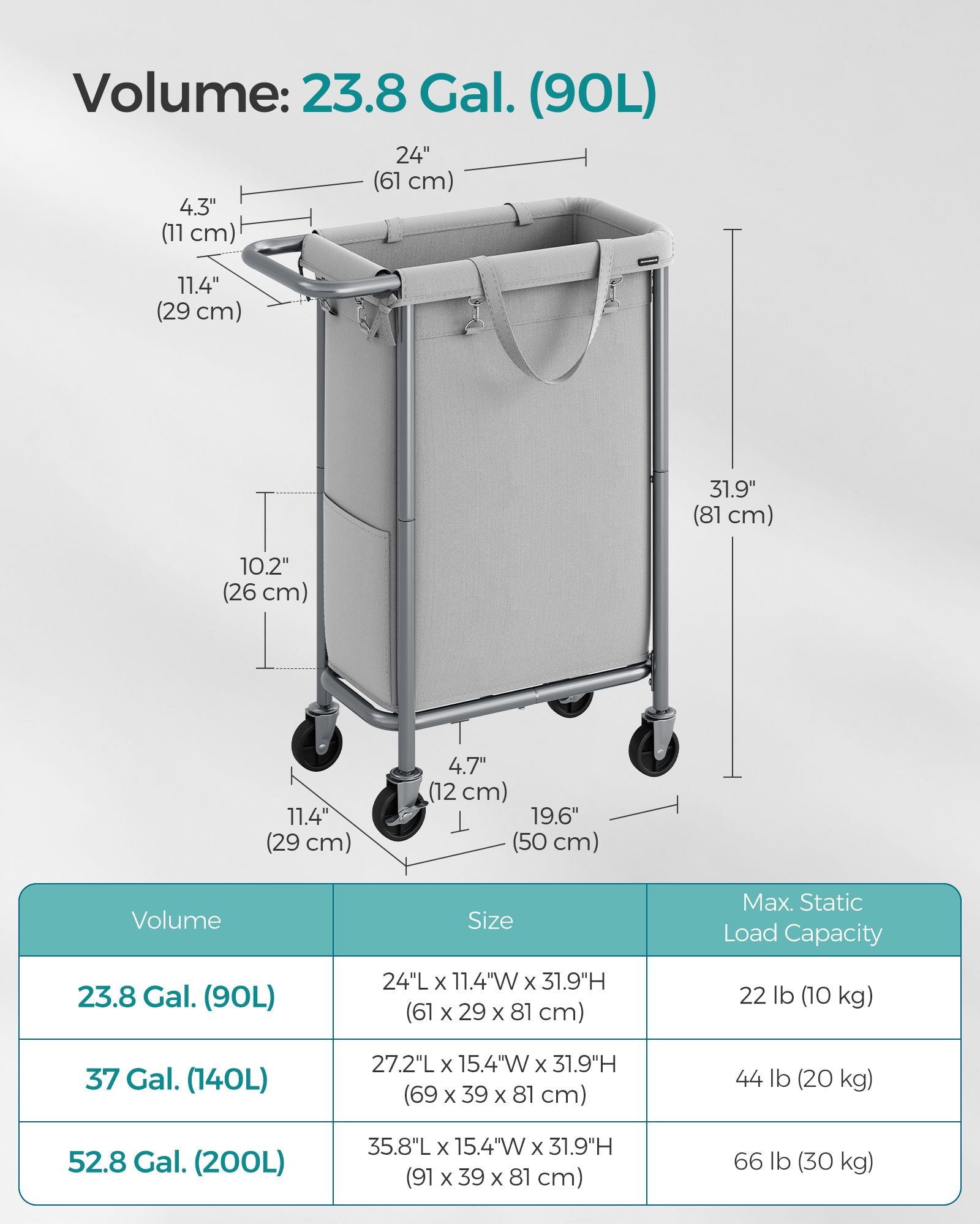 Laundry Basket - Steel Frame - Dove Grey - 90L Capacity with Removable Liner and Wheels