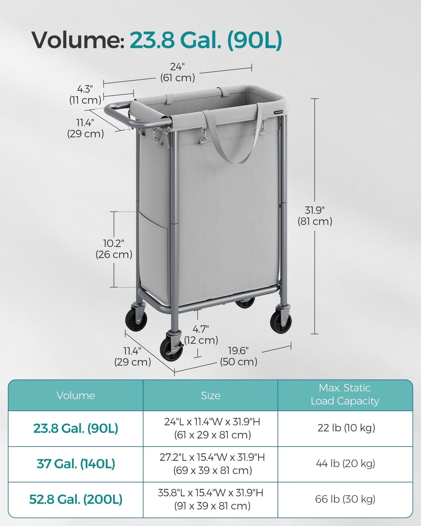 Laundry Basket - Steel Frame - Dove Grey - 90L Capacity with Removable Liner and Wheels