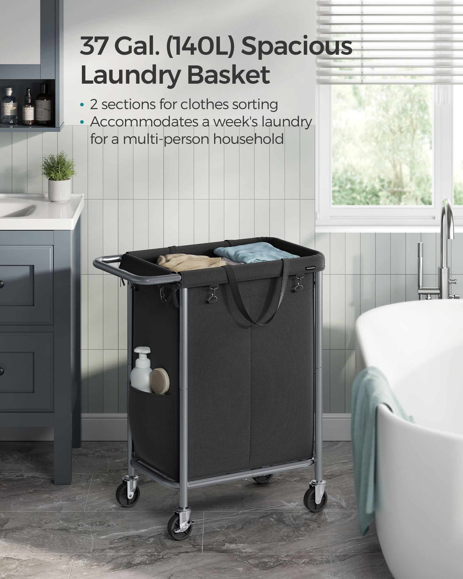 Laundry Basket - Steel - Ink Black - 2-Compartment with Removable Liner and Wheels