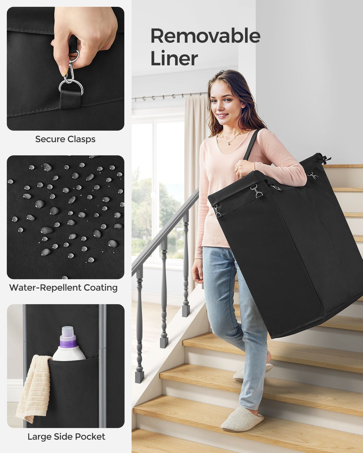 Laundry Basket - Steel - Ink Black - 2-Compartment with Removable Liner and Wheels