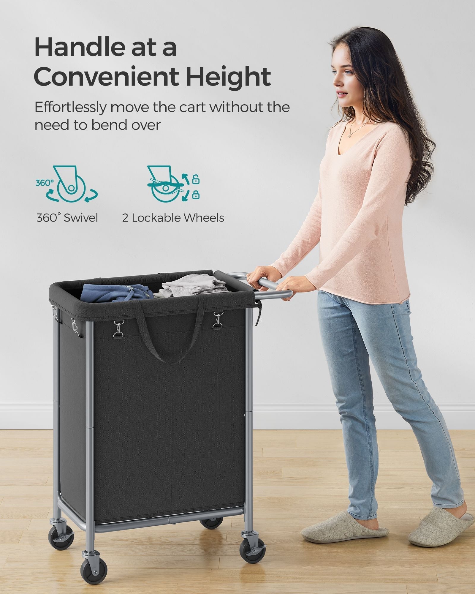 Laundry Basket - Steel - Ink Black - 2-Compartment with Removable Liner and Wheels