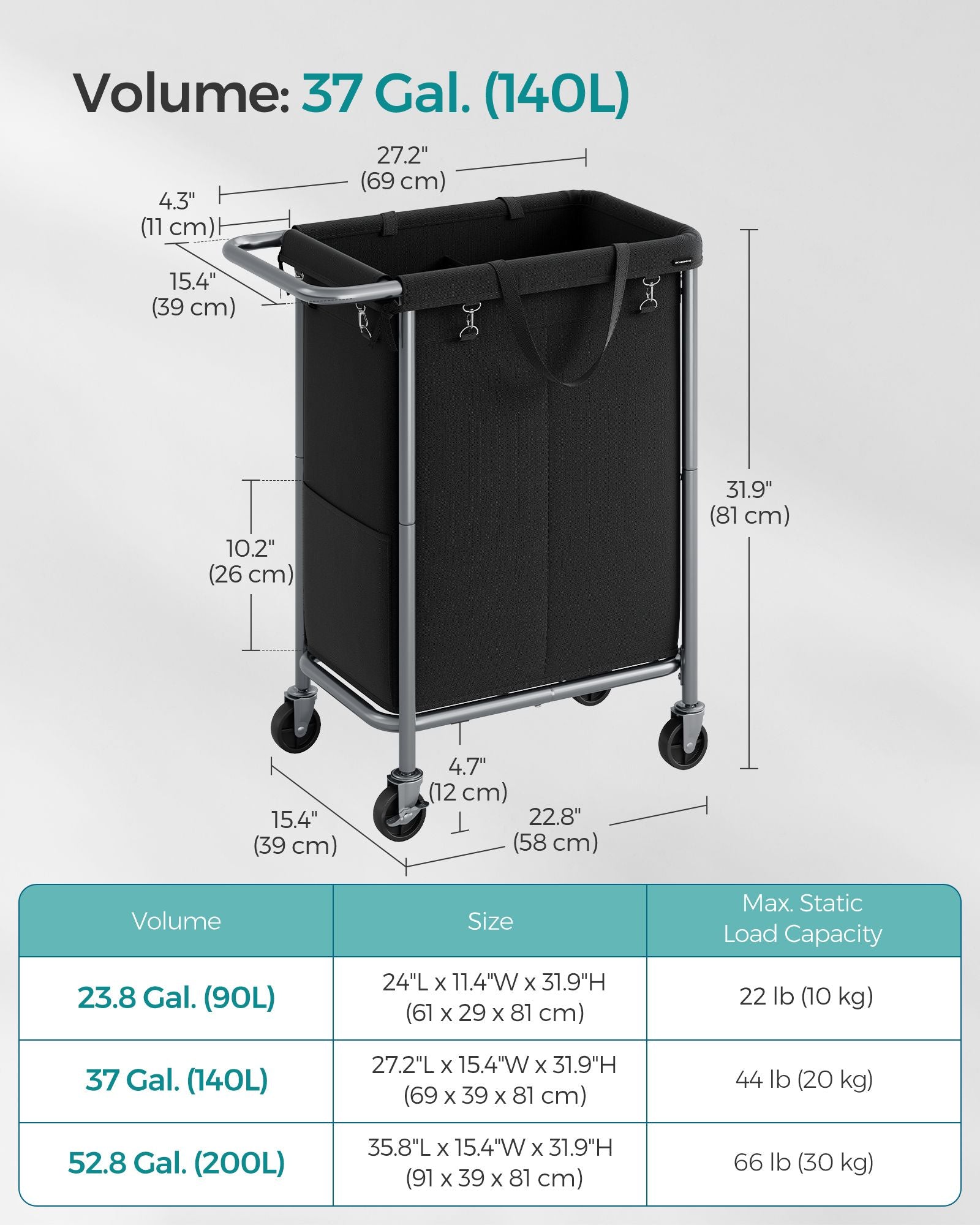 Laundry Basket - Steel - Ink Black - 2-Compartment with Removable Liner and Wheels