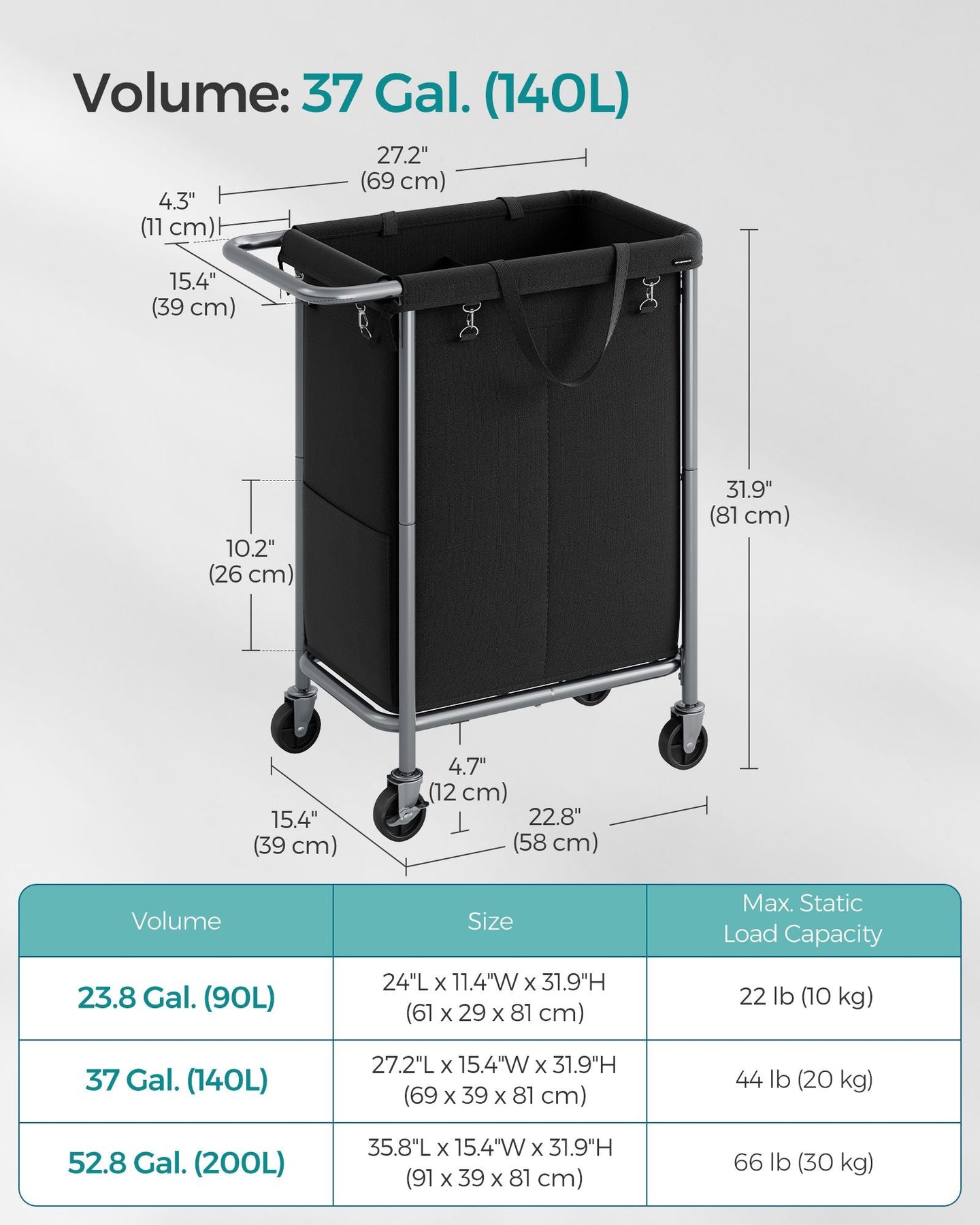 Laundry Basket - Steel - Ink Black - 2-Compartment with Removable Liner and Wheels