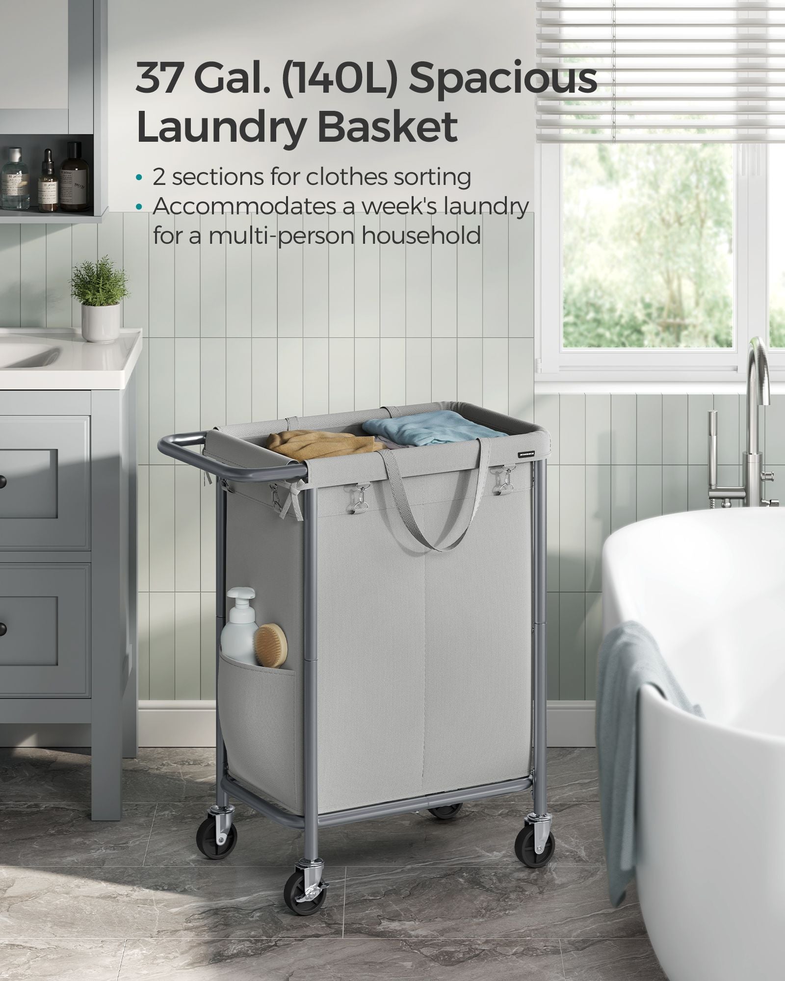 Laundry Basket - Steel Frame - Dove Grey - 2-Compartment with Removable Liner and Wheels