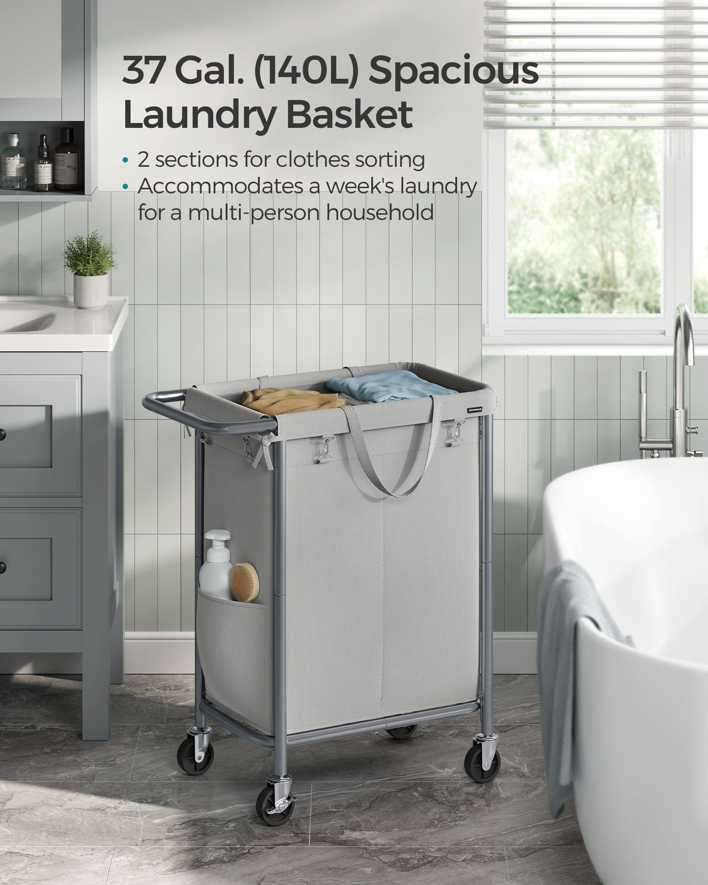 Laundry Basket - Steel Frame - Dove Grey - 2-Compartment with Removable Liner and Wheels