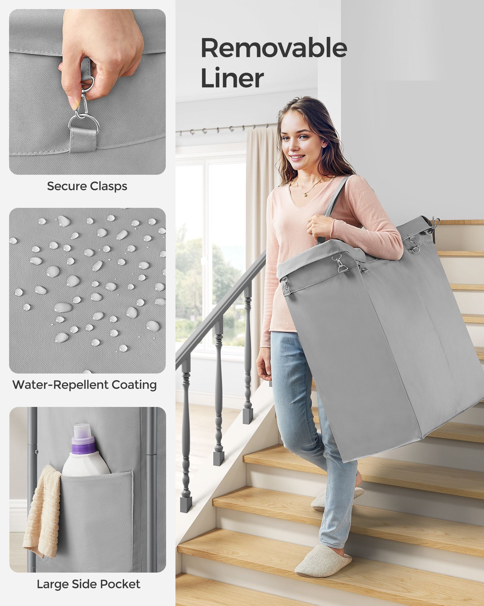 Laundry Basket - Steel Frame - Dove Grey - 2-Compartment with Removable Liner and Wheels