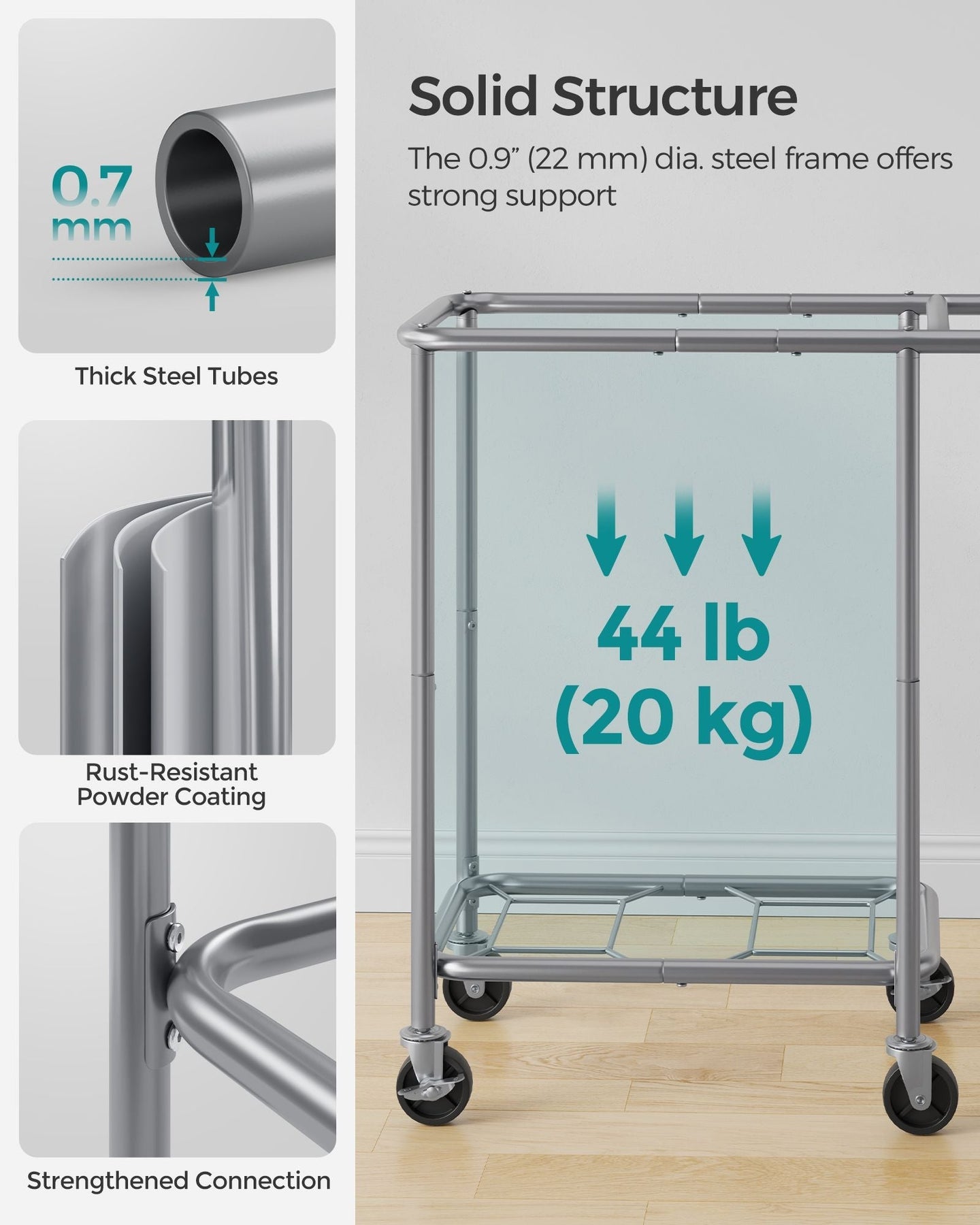 Laundry Basket - Steel Frame - Dove Grey - 2-Compartment with Removable Liner and Wheels