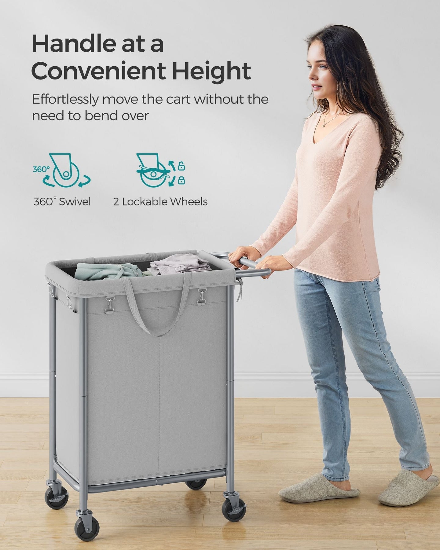 Laundry Basket - Steel Frame - Dove Grey - 2-Compartment with Removable Liner and Wheels
