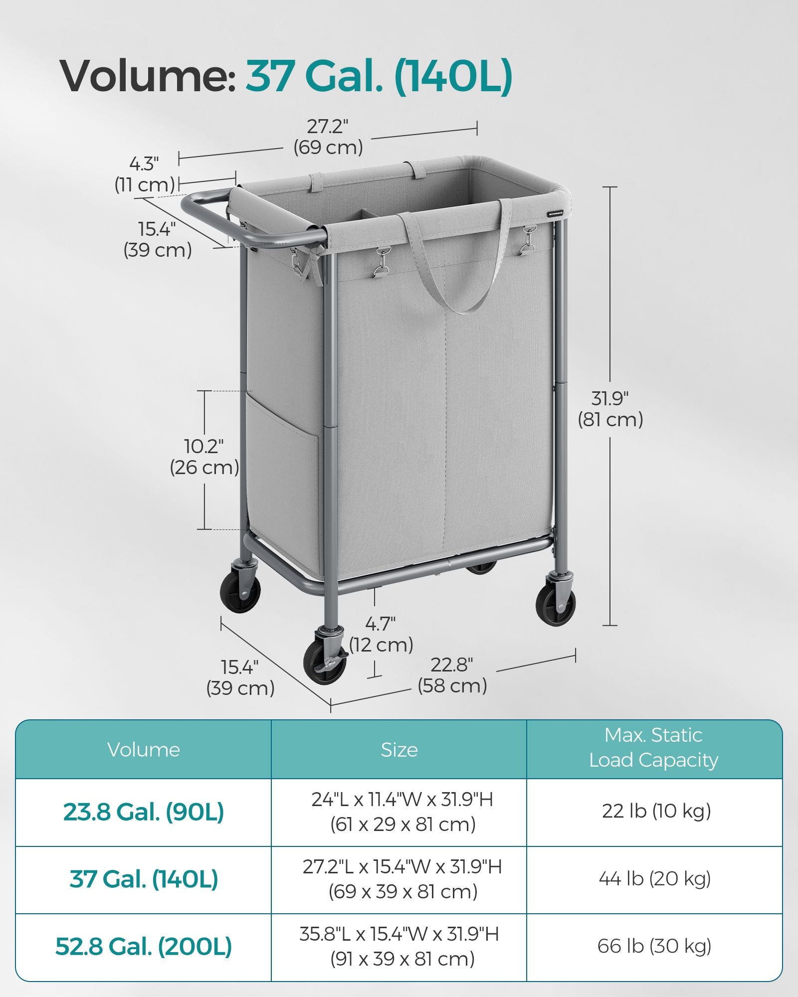Laundry Basket - Steel Frame - Dove Grey - 2-Compartment with Removable Liner and Wheels