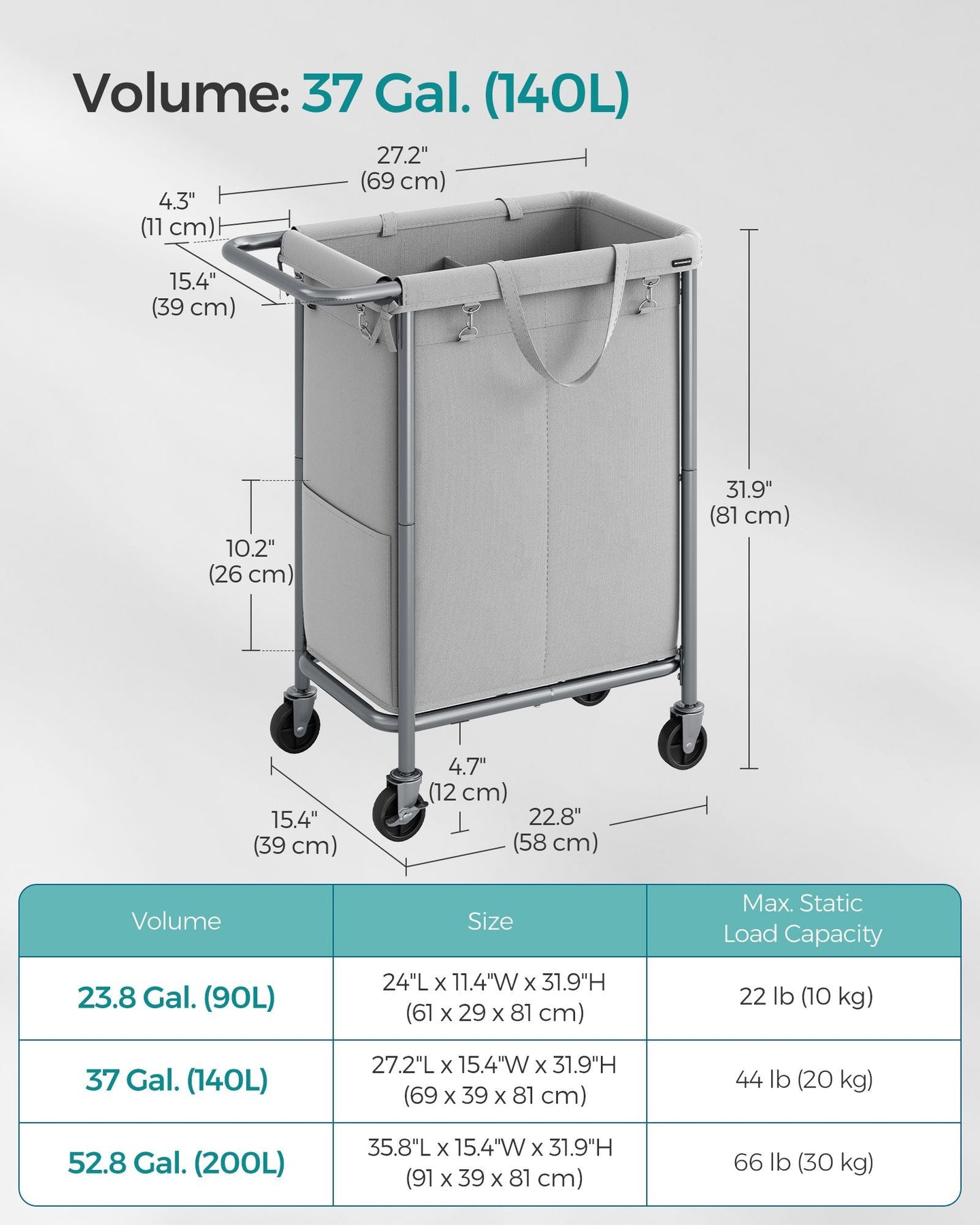 Laundry Basket - Steel Frame - Dove Grey - 2-Compartment with Removable Liner and Wheels