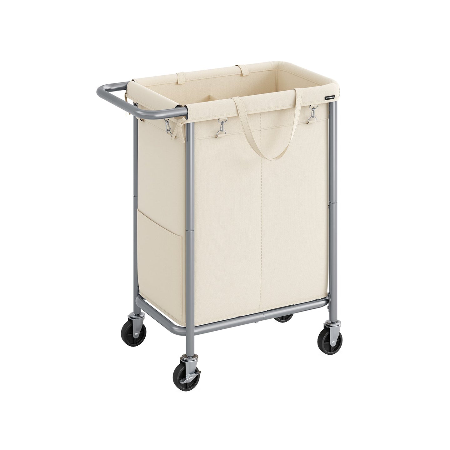 Laundry Basket - Steel - Cream White - 2-Compartment with Removable Liner and Wheels