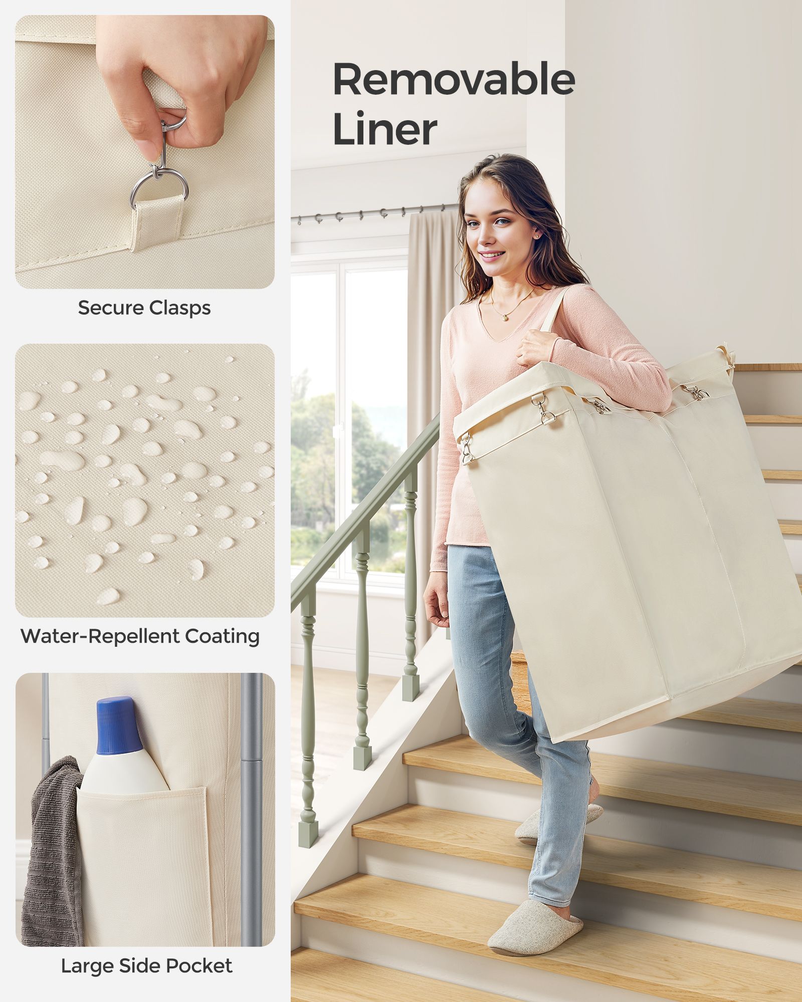 Laundry Basket - Steel - Cream White - 2-Compartment with Removable Liner and Wheels