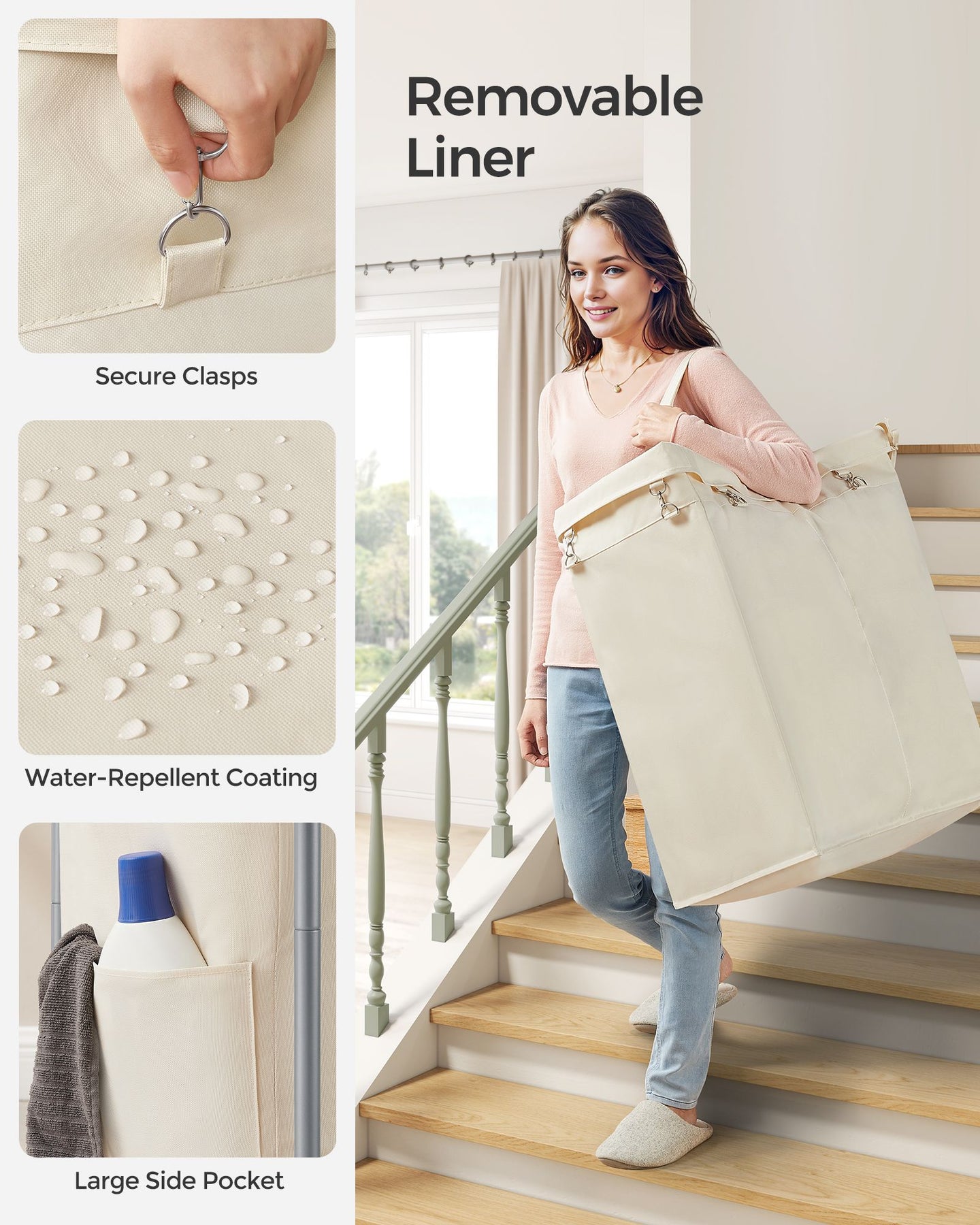 Laundry Basket - Steel - Cream White - 2-Compartment with Removable Liner and Wheels