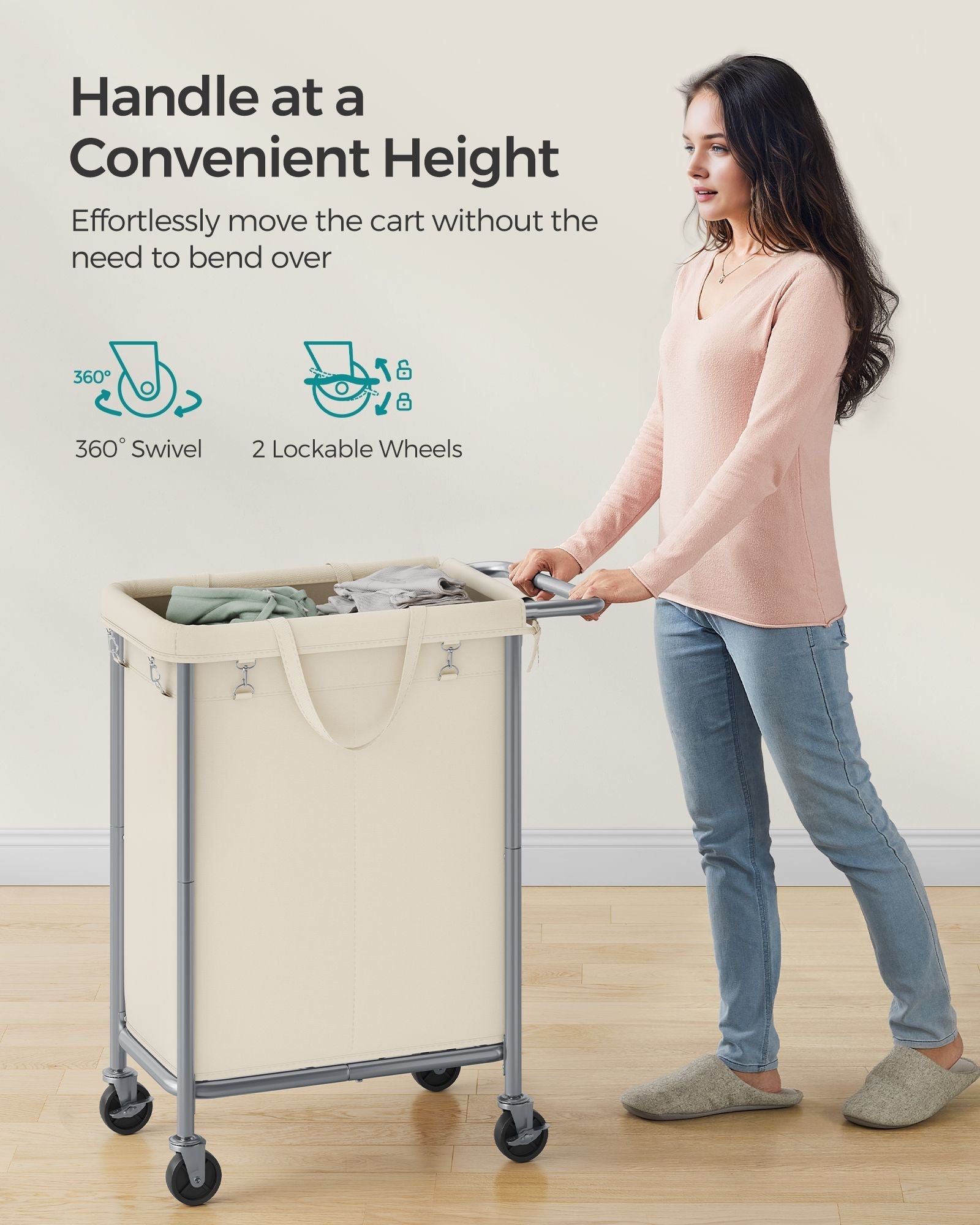 Laundry Basket - Steel - Cream White - 2-Compartment with Removable Liner and Wheels