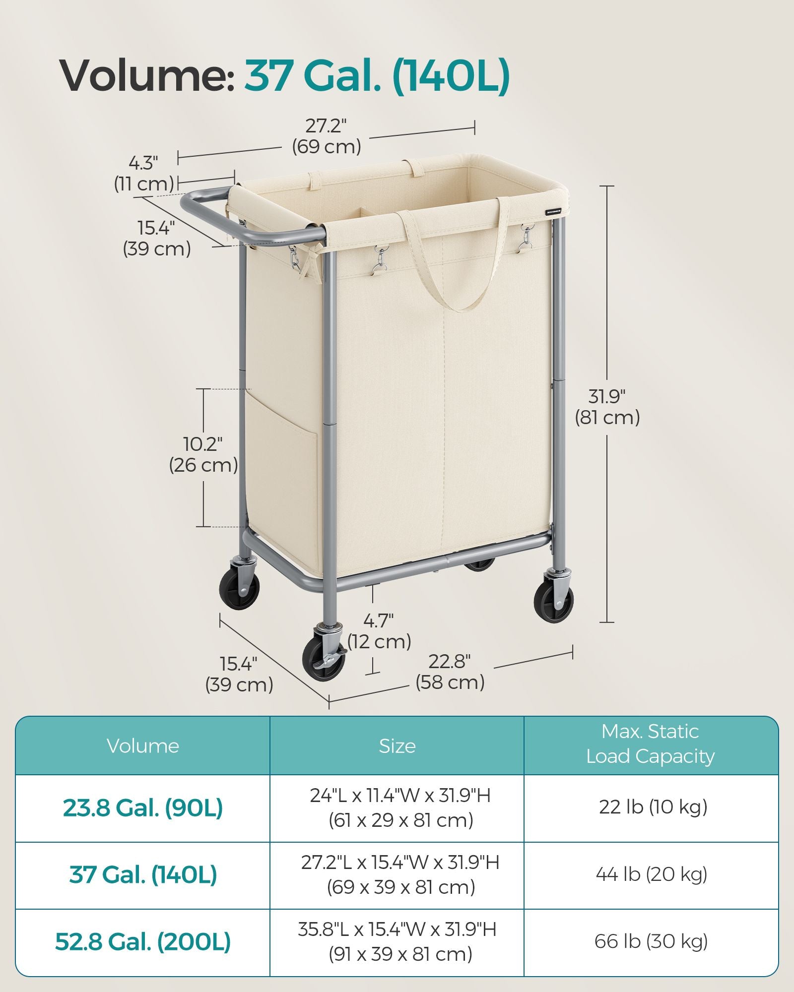 Laundry Basket - Steel - Cream White - 2-Compartment with Removable Liner and Wheels