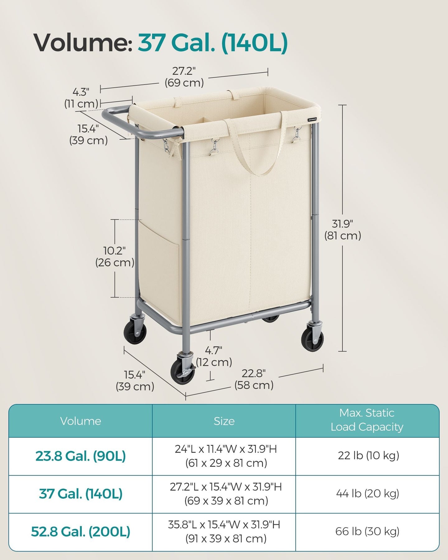 Laundry Basket - Steel - Cream White - 2-Compartment with Removable Liner and Wheels