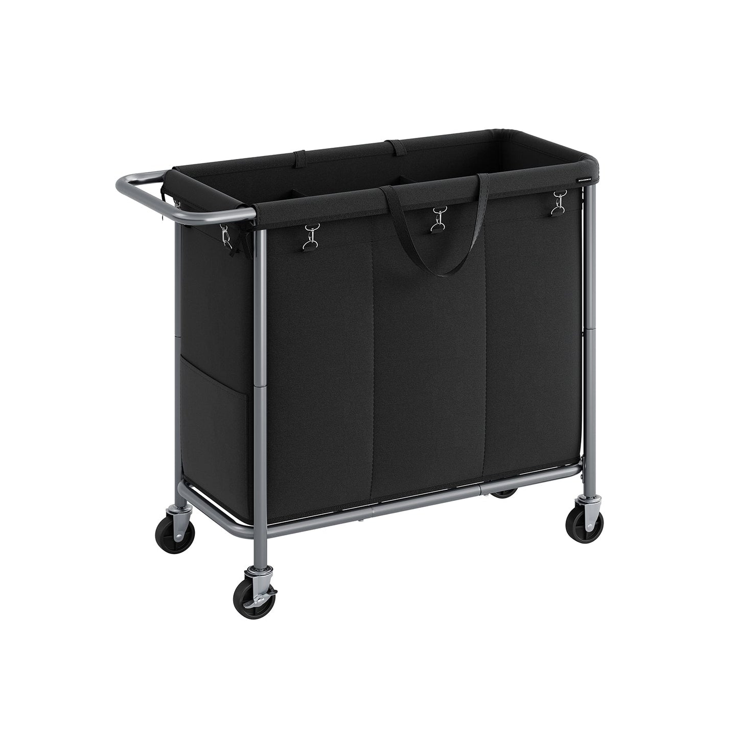 Laundry Basket - Steel Frame - Ink Black - 3-Compartment with Wheels and Removable Liner