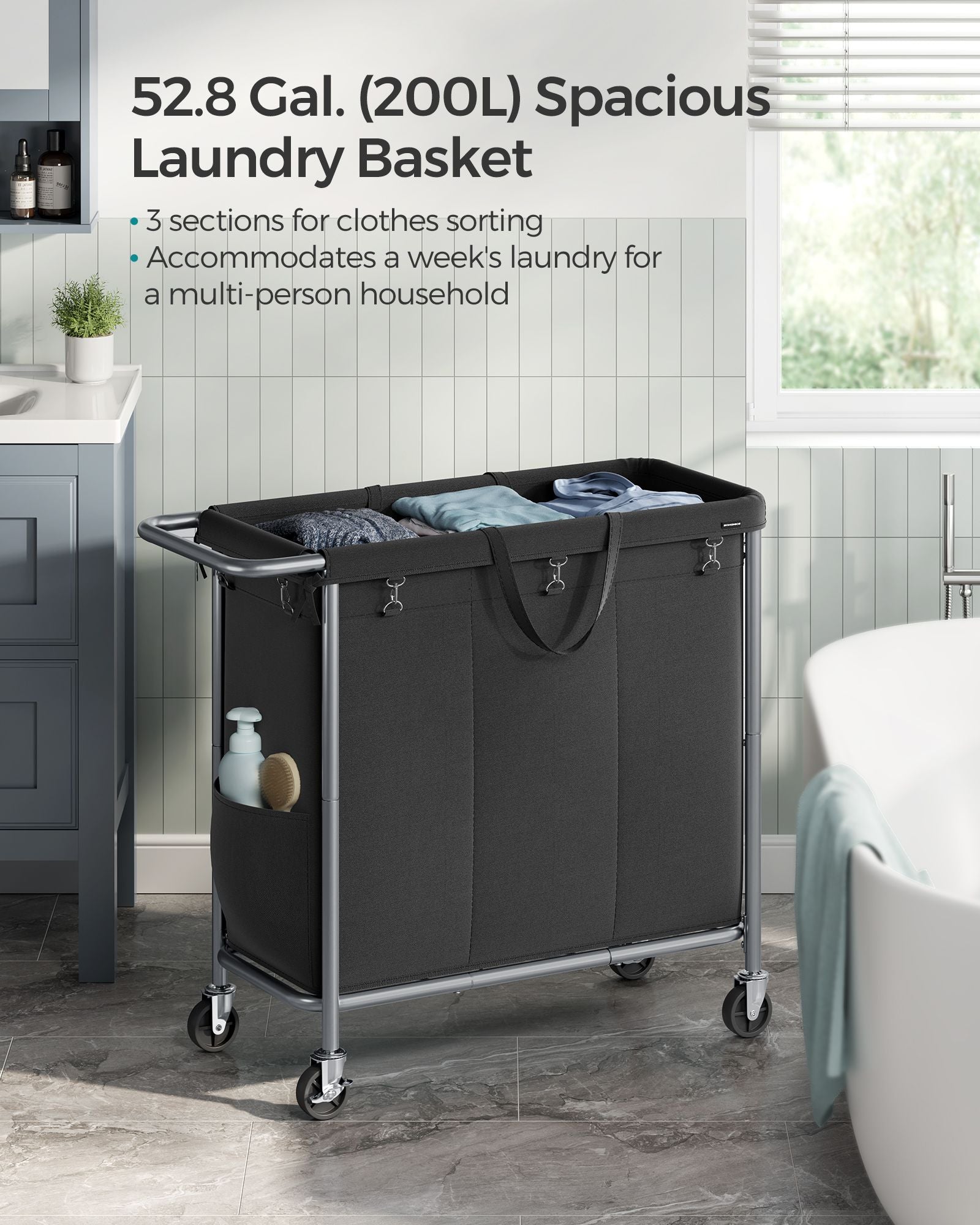 Laundry Basket - Steel Frame - Ink Black - 3-Compartment with Wheels and Removable Liner