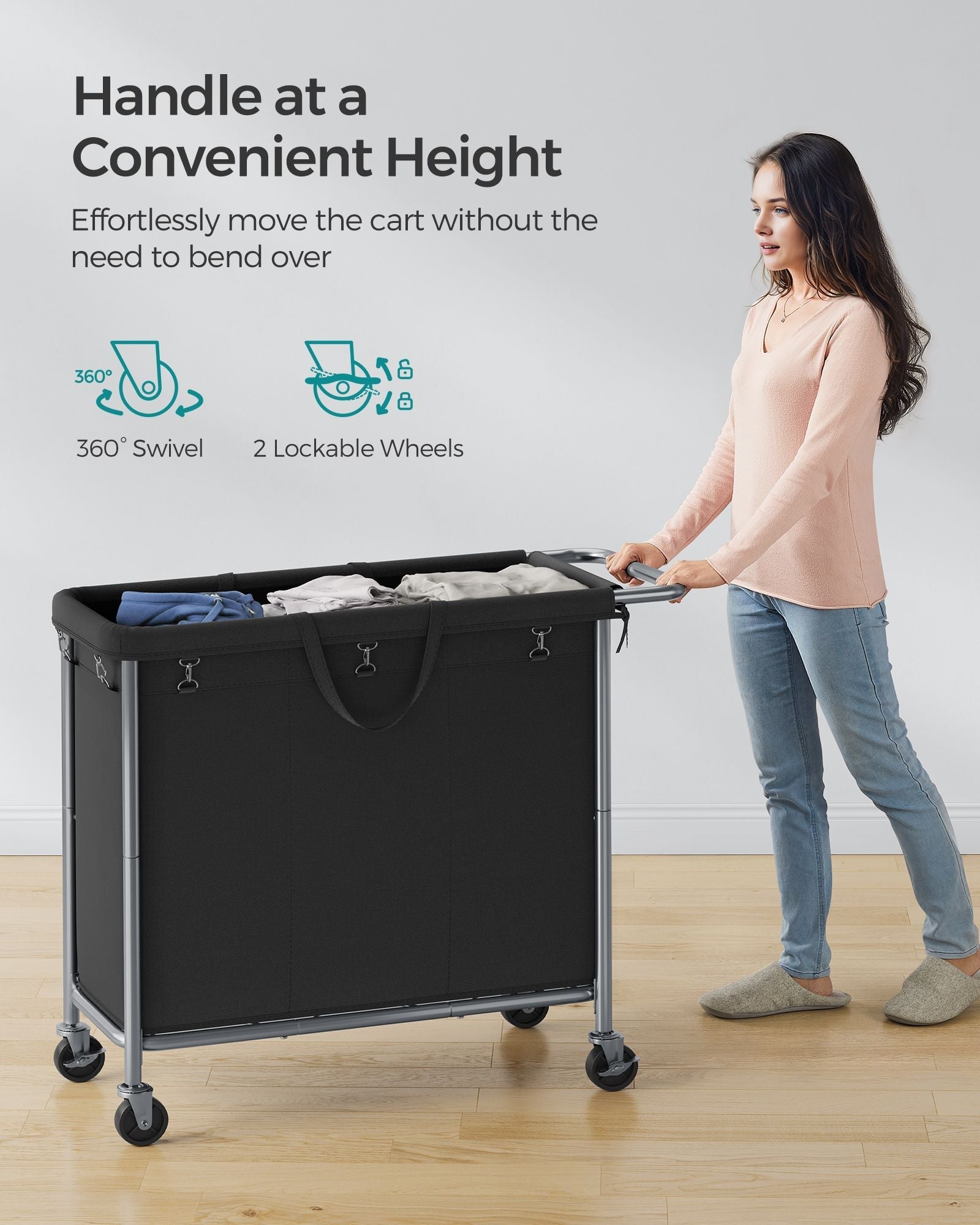 Laundry Basket - Steel Frame - Ink Black - 3-Compartment with Wheels and Removable Liner