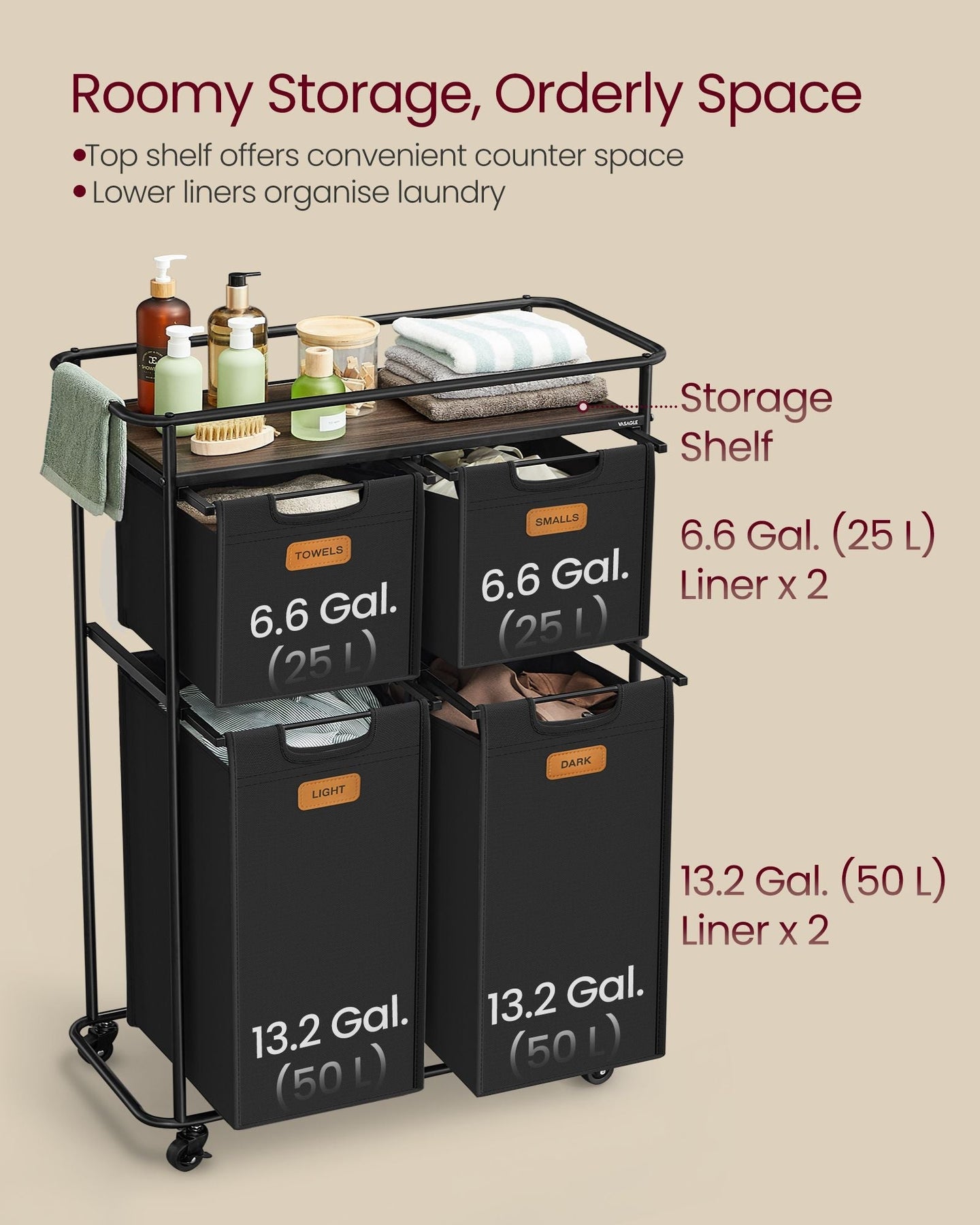 Rolling Laundry Hamper - Fabric - Ink Black - 150 L with Wheels and Removable Liners