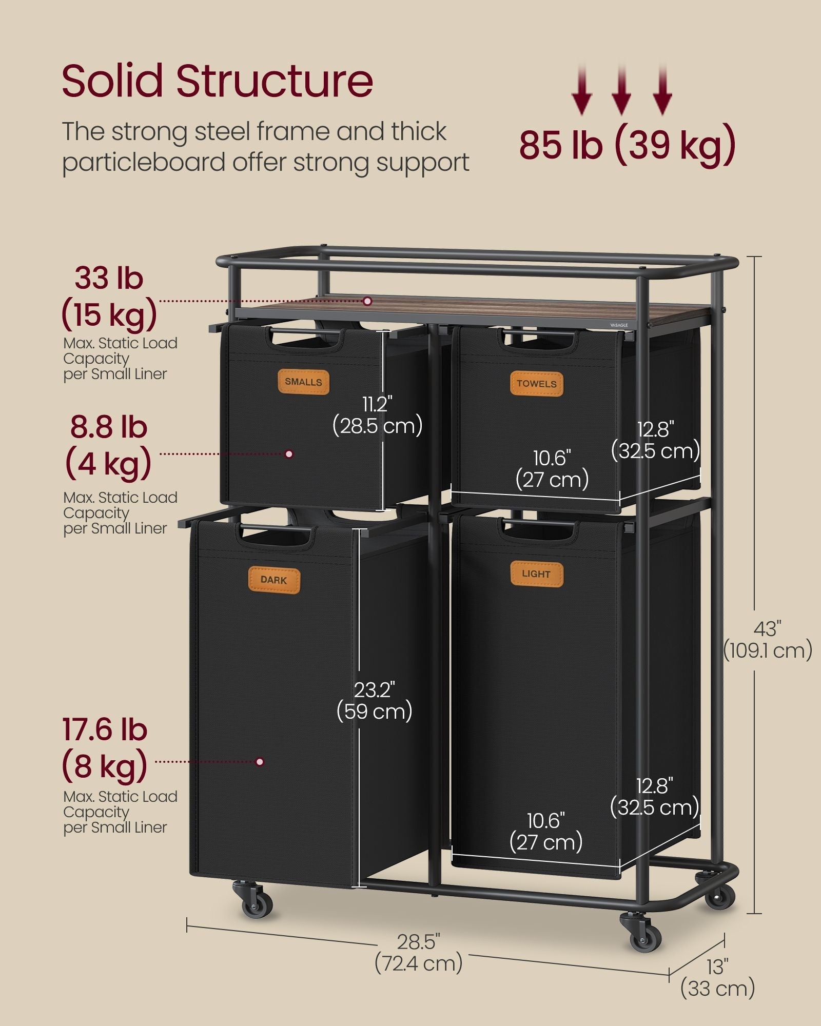 Rolling Laundry Hamper - Fabric - Ink Black - 150 L with Wheels and Removable Liners