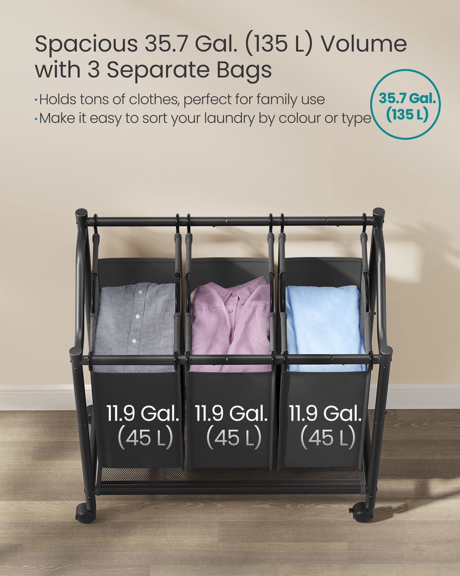 Rolling Laundry Sorter - 3 Removable Bags - Fabric - Ink Black