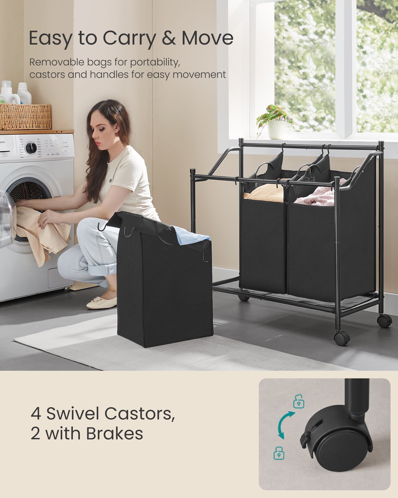Rolling Laundry Sorter - 3 Removable Bags - Fabric - Ink Black