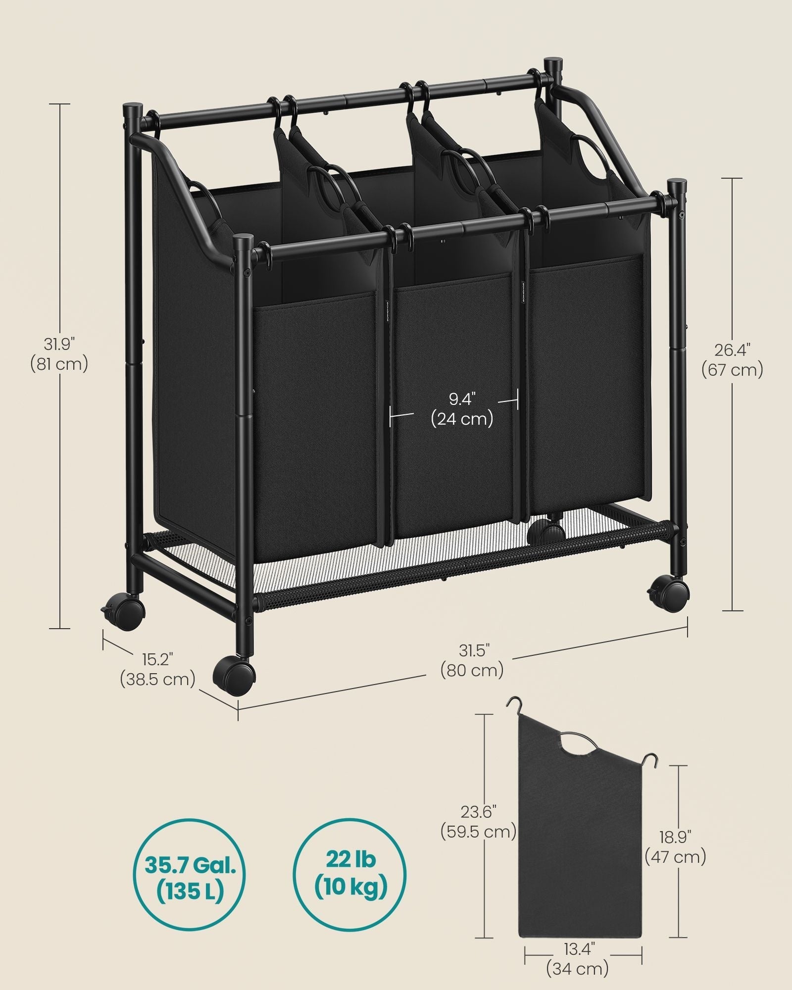 Rolling Laundry Sorter - 3 Removable Bags - Fabric - Ink Black