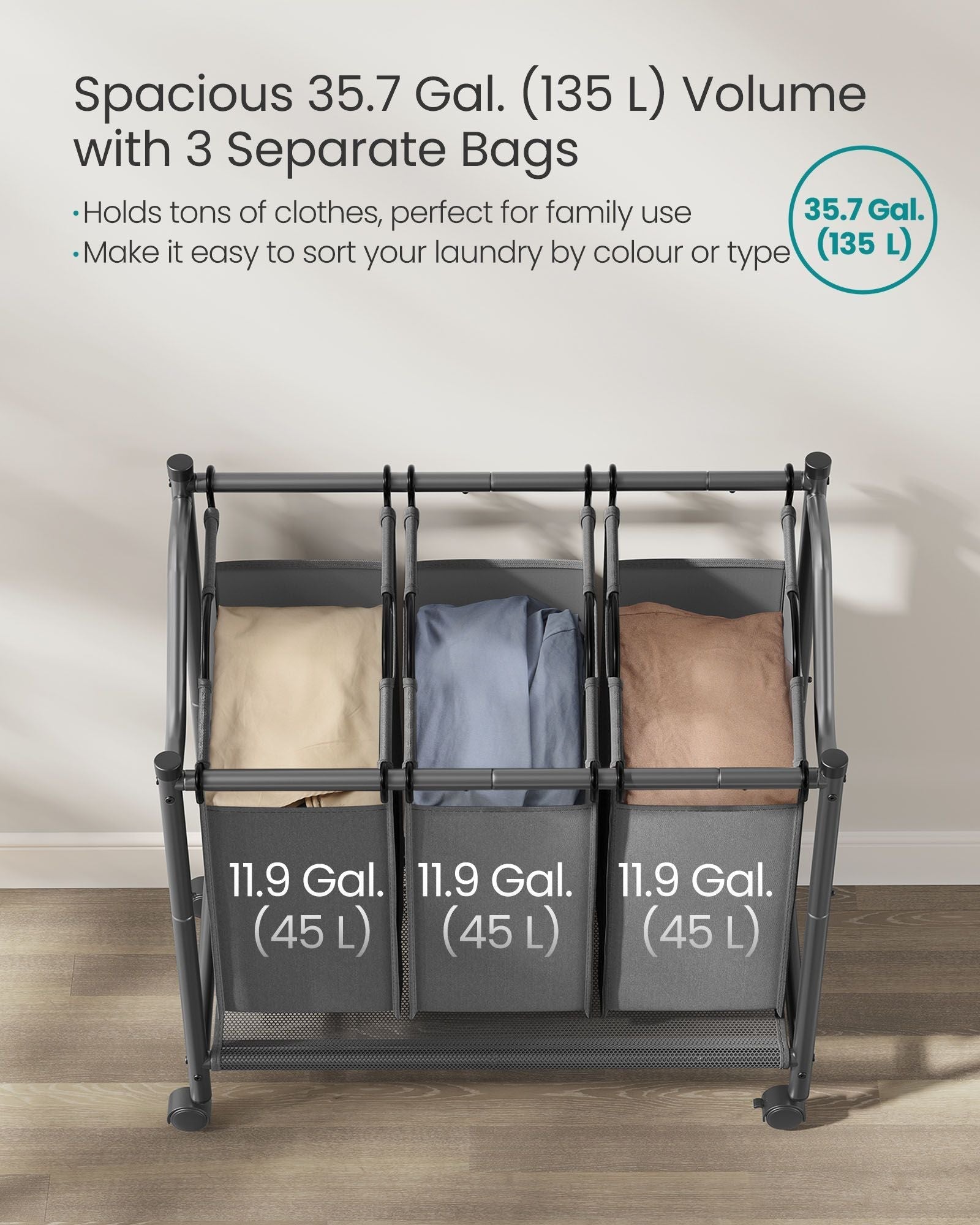 Rolling Laundry Sorter - 3 Removable Bags - Fabric - Slate Grey