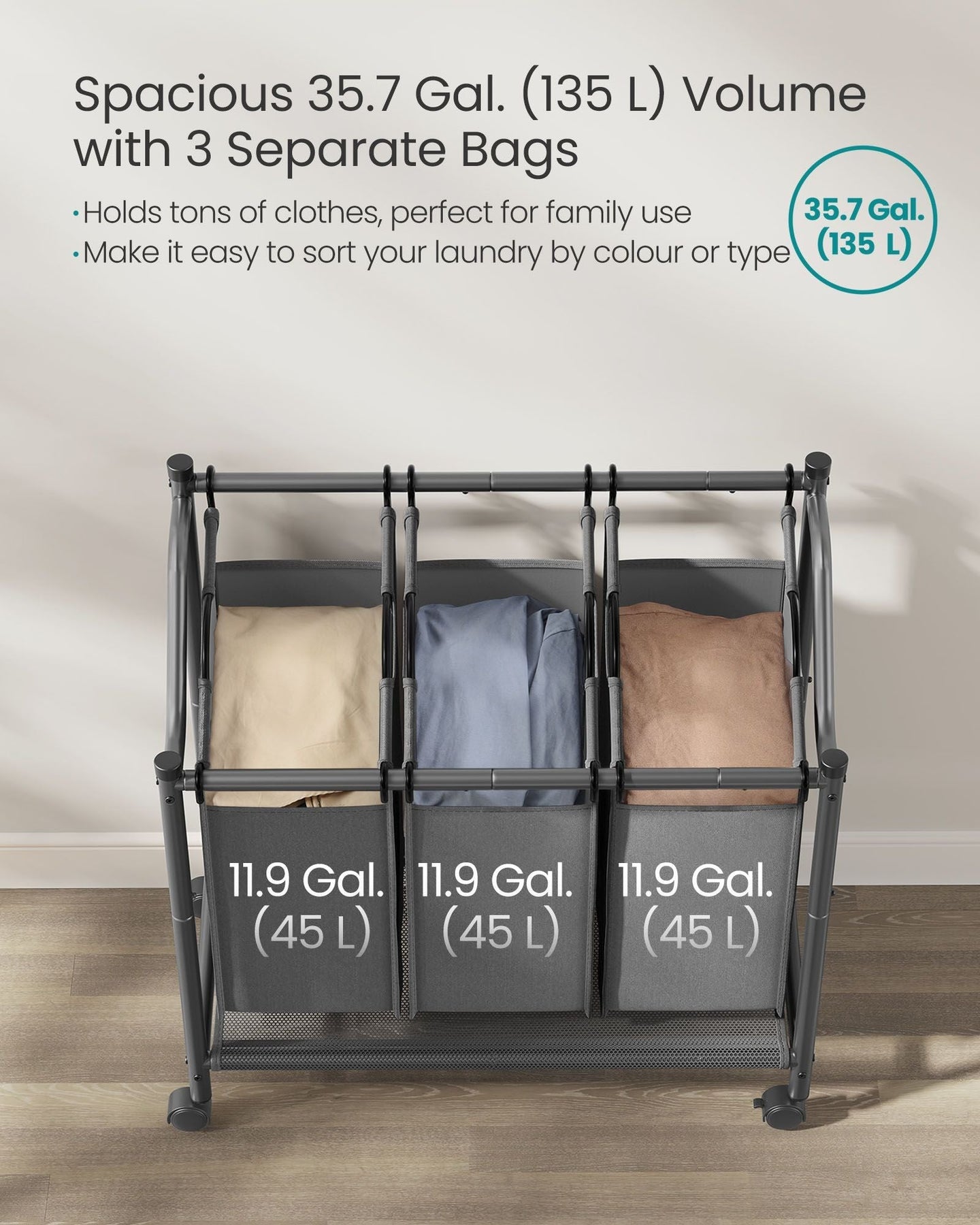 Rolling Laundry Sorter - 3 Removable Bags - Fabric - Slate Grey