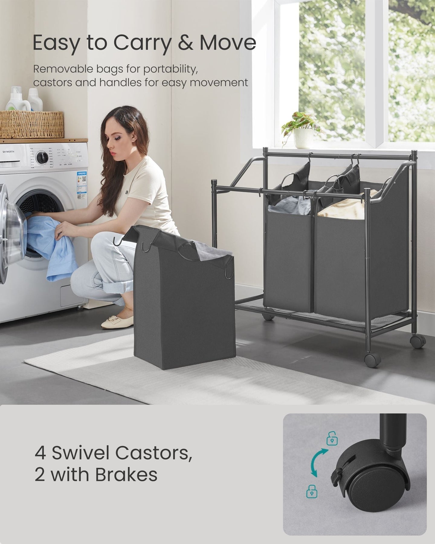 Rolling Laundry Sorter - 3 Removable Bags - Fabric - Slate Grey