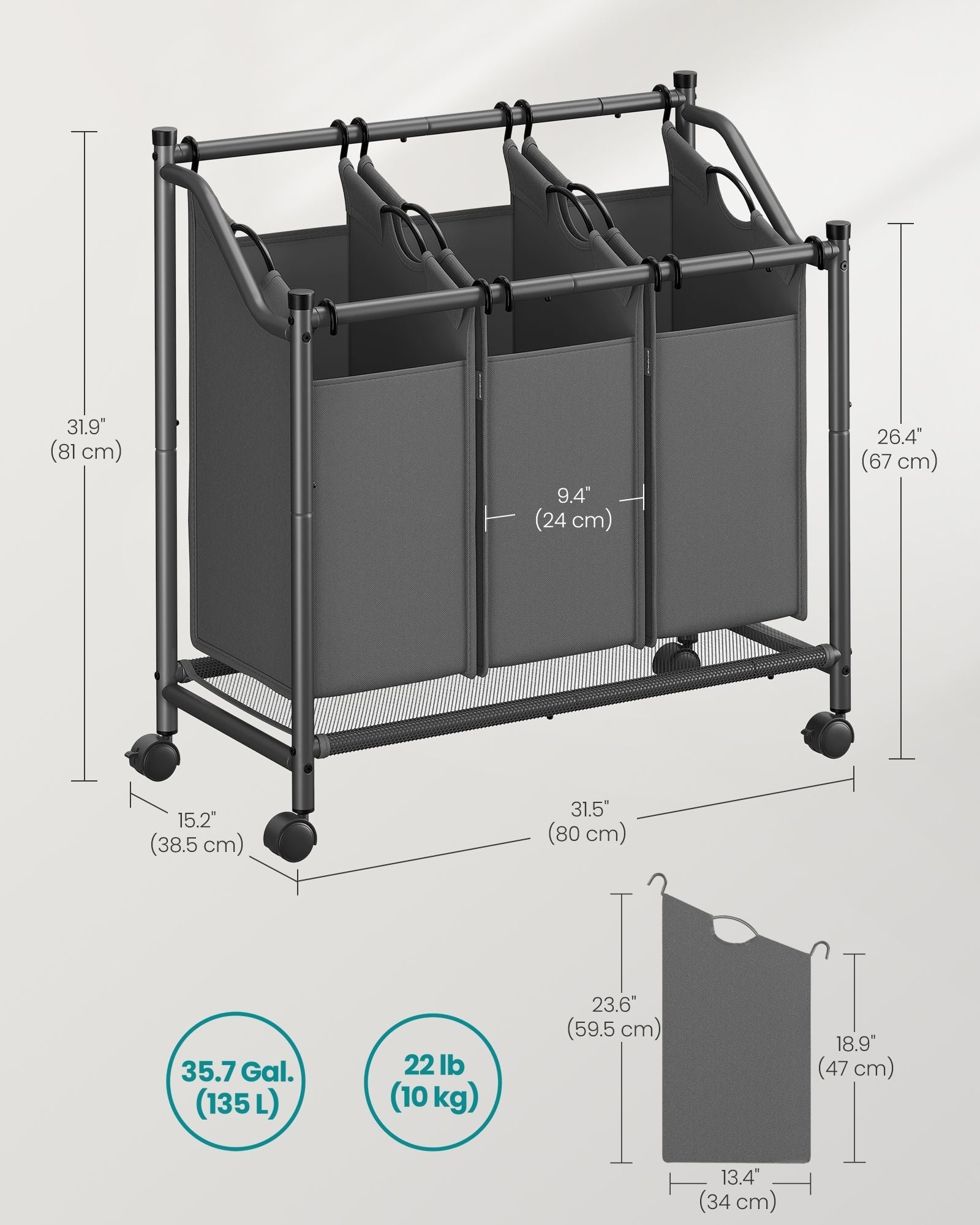 Rolling Laundry Sorter - 3 Removable Bags - Fabric - Slate Grey