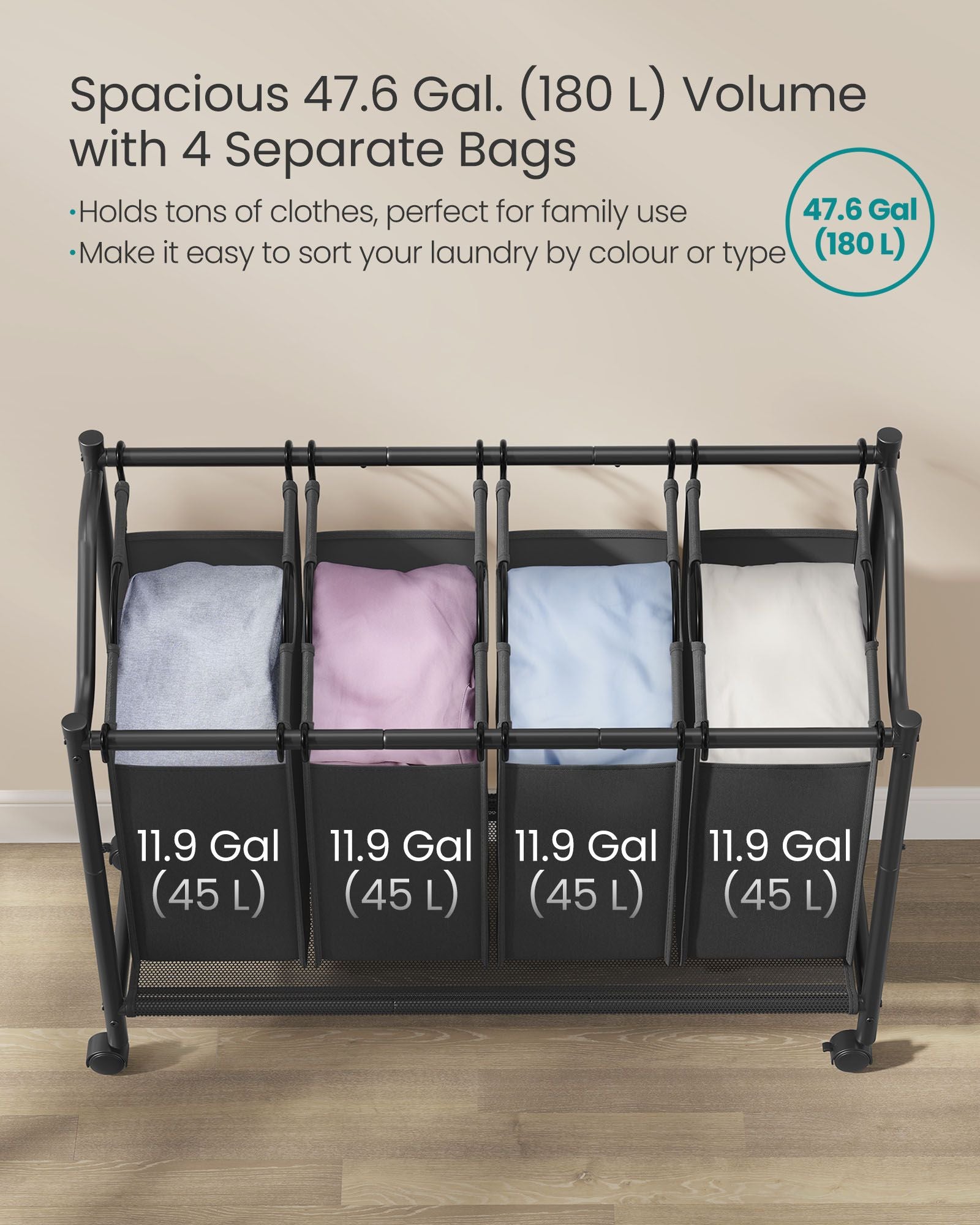 Rolling Laundry Sorter - 4 Removable Bags - Fabric - Ink Black