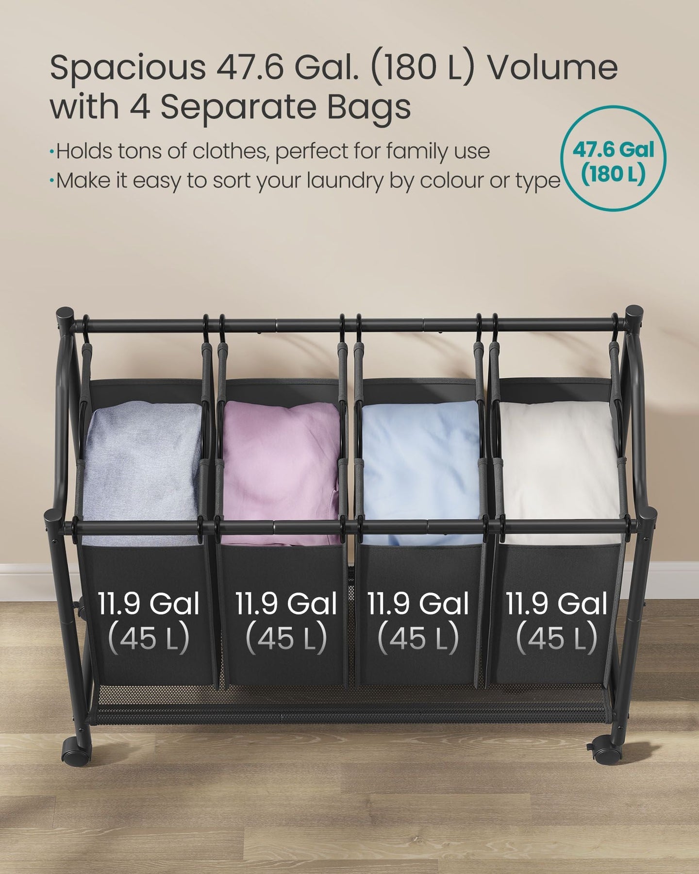 Rolling Laundry Sorter - 4 Removable Bags - Fabric - Ink Black