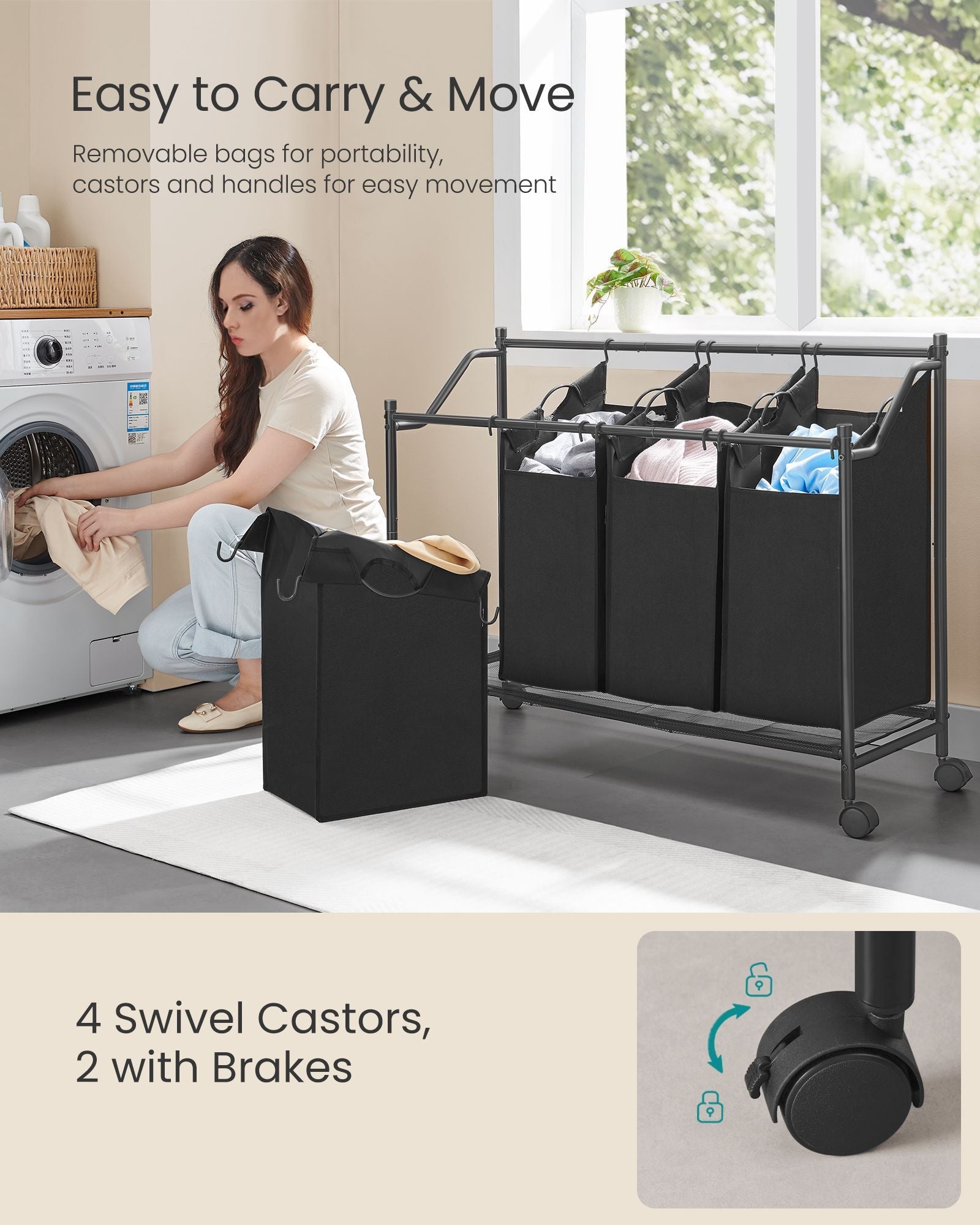 Rolling Laundry Sorter - 4 Removable Bags - Fabric - Ink Black