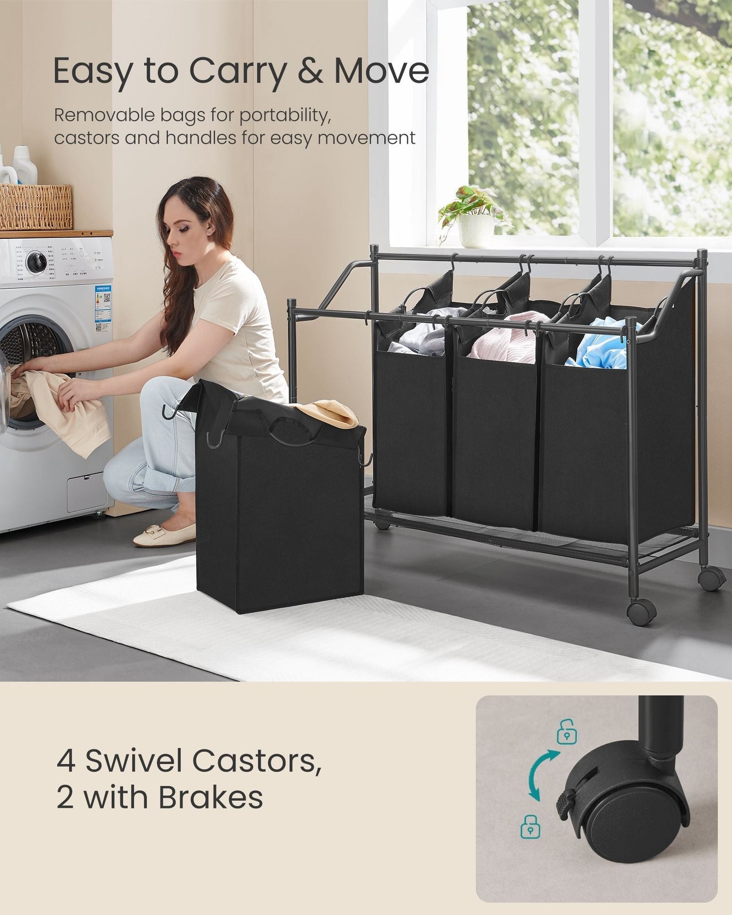 Rolling Laundry Sorter - 4 Removable Bags - Fabric - Ink Black