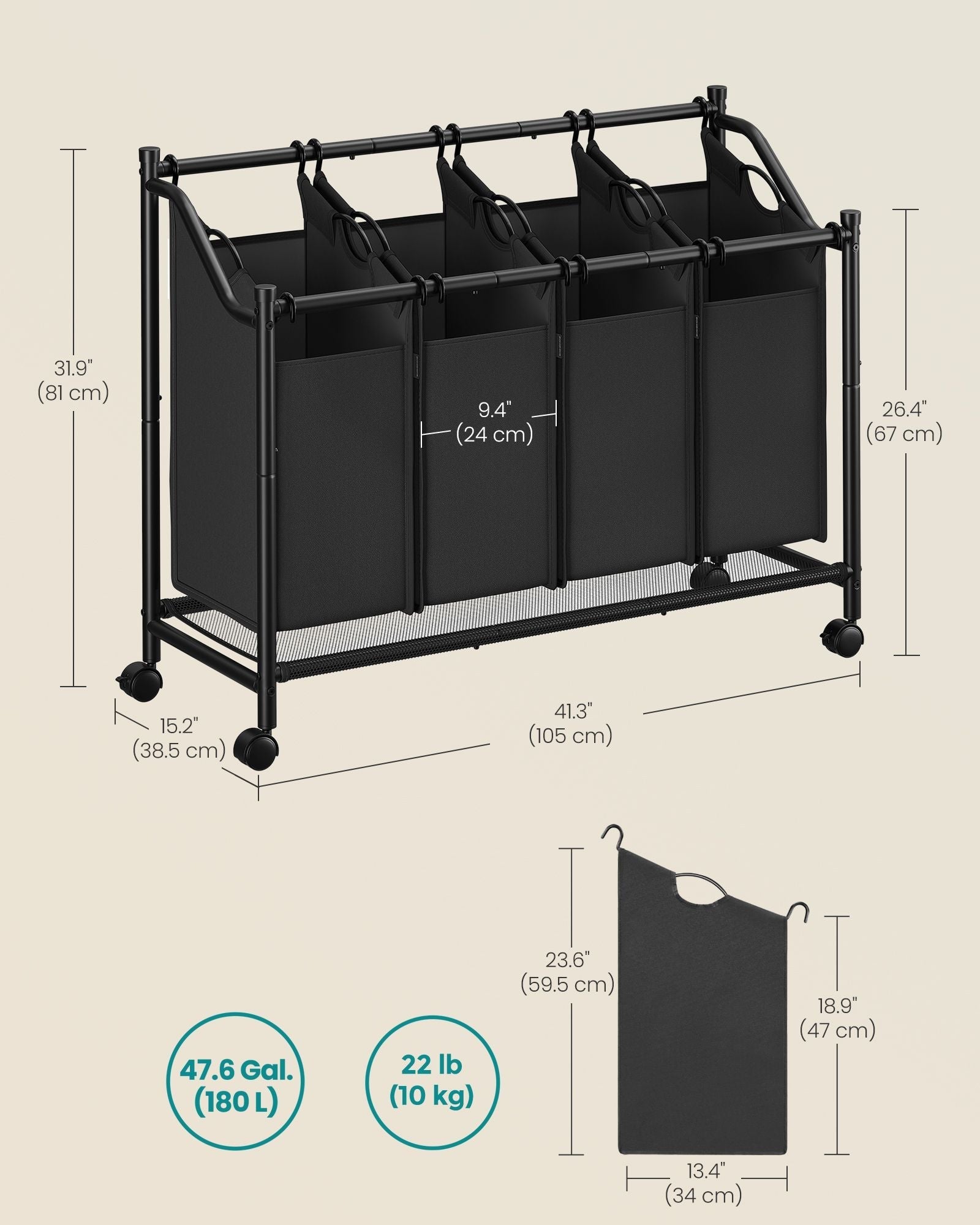 Rolling Laundry Sorter - 4 Removable Bags - Fabric - Ink Black