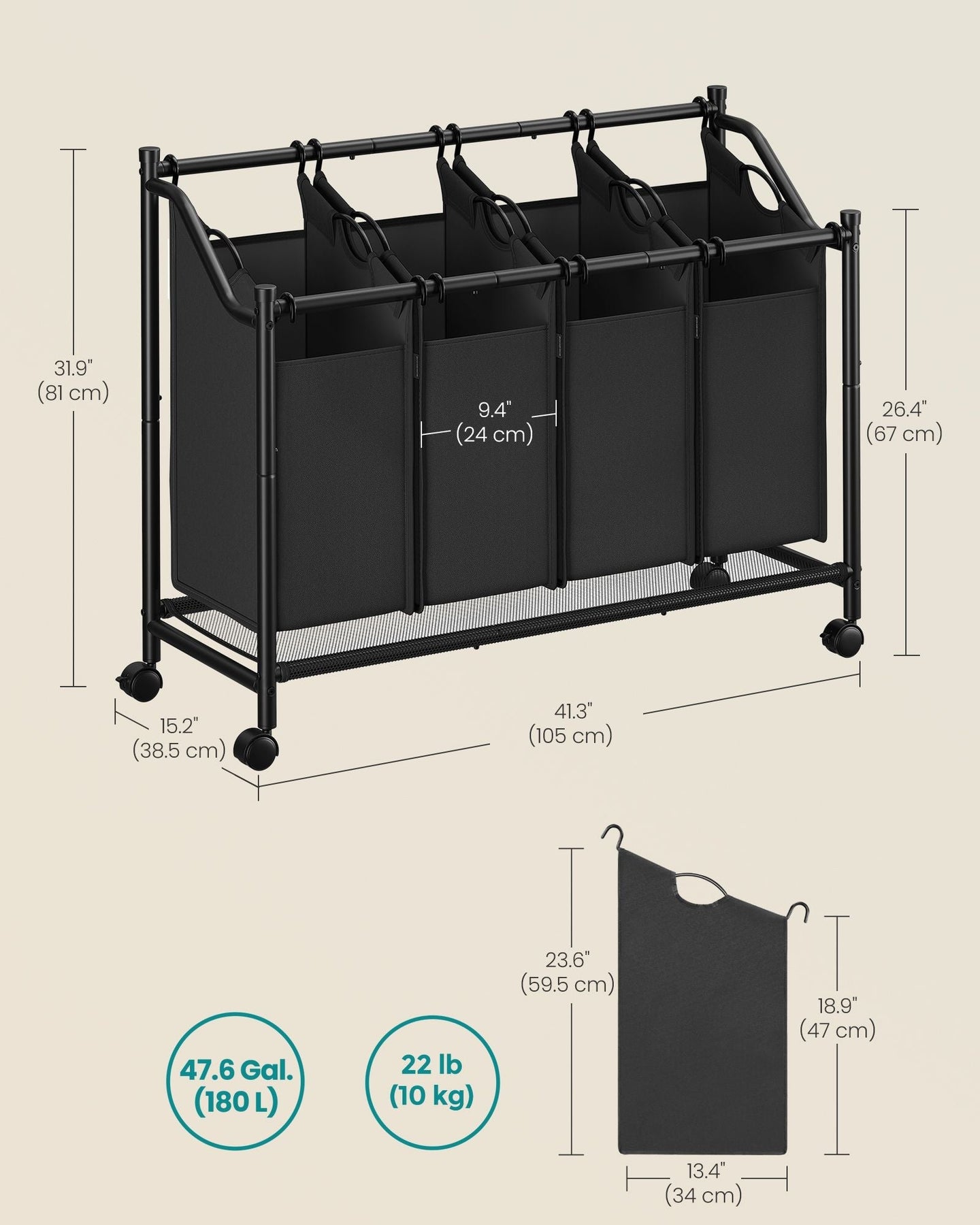 Rolling Laundry Sorter - 4 Removable Bags - Fabric - Ink Black