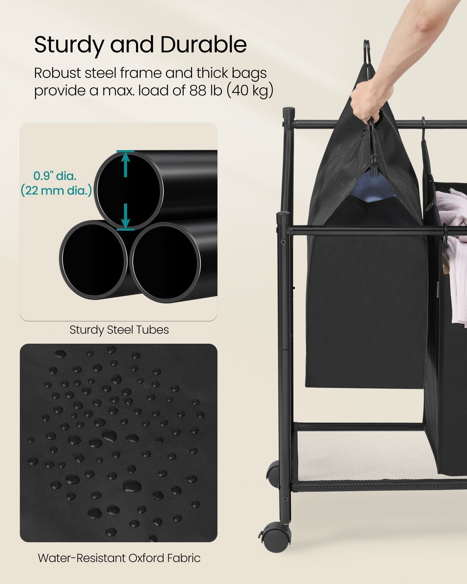 Rolling Laundry Sorter - 4 Removable Bags - Fabric - Ink Black