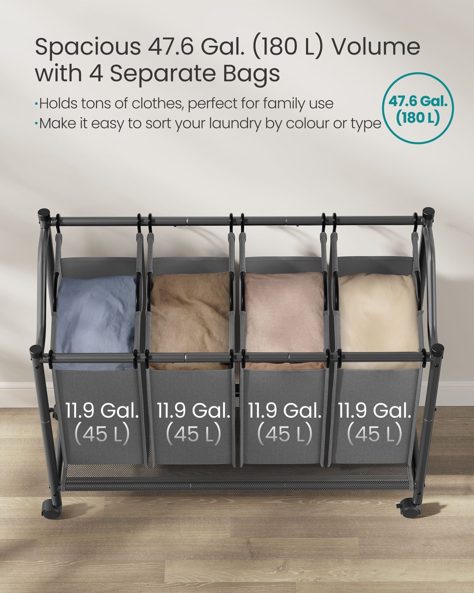 Rolling Laundry Sorter - Fabric - Slate Grey - 4 Removable Bags