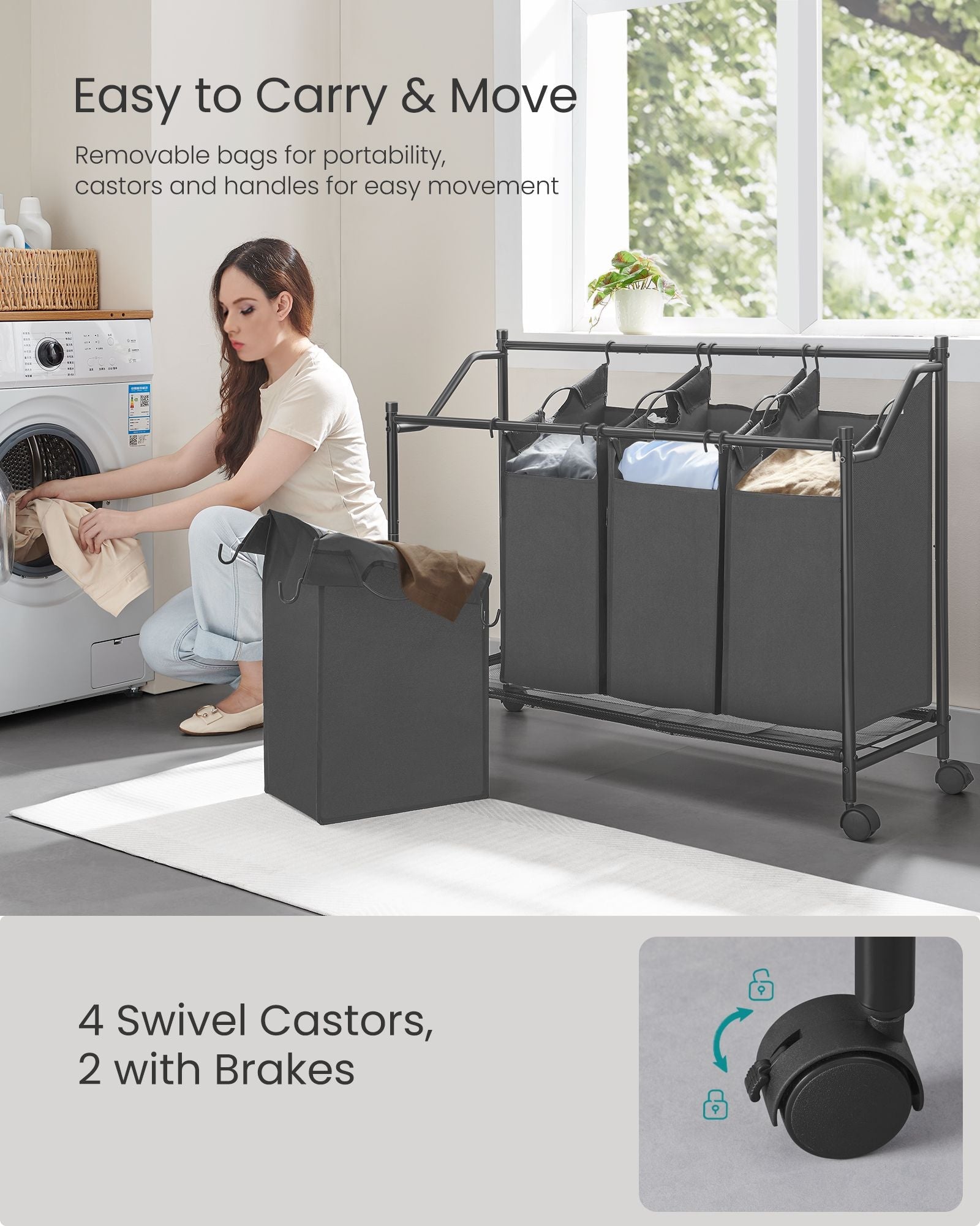 Rolling Laundry Sorter - Fabric - Slate Grey - 4 Removable Bags
